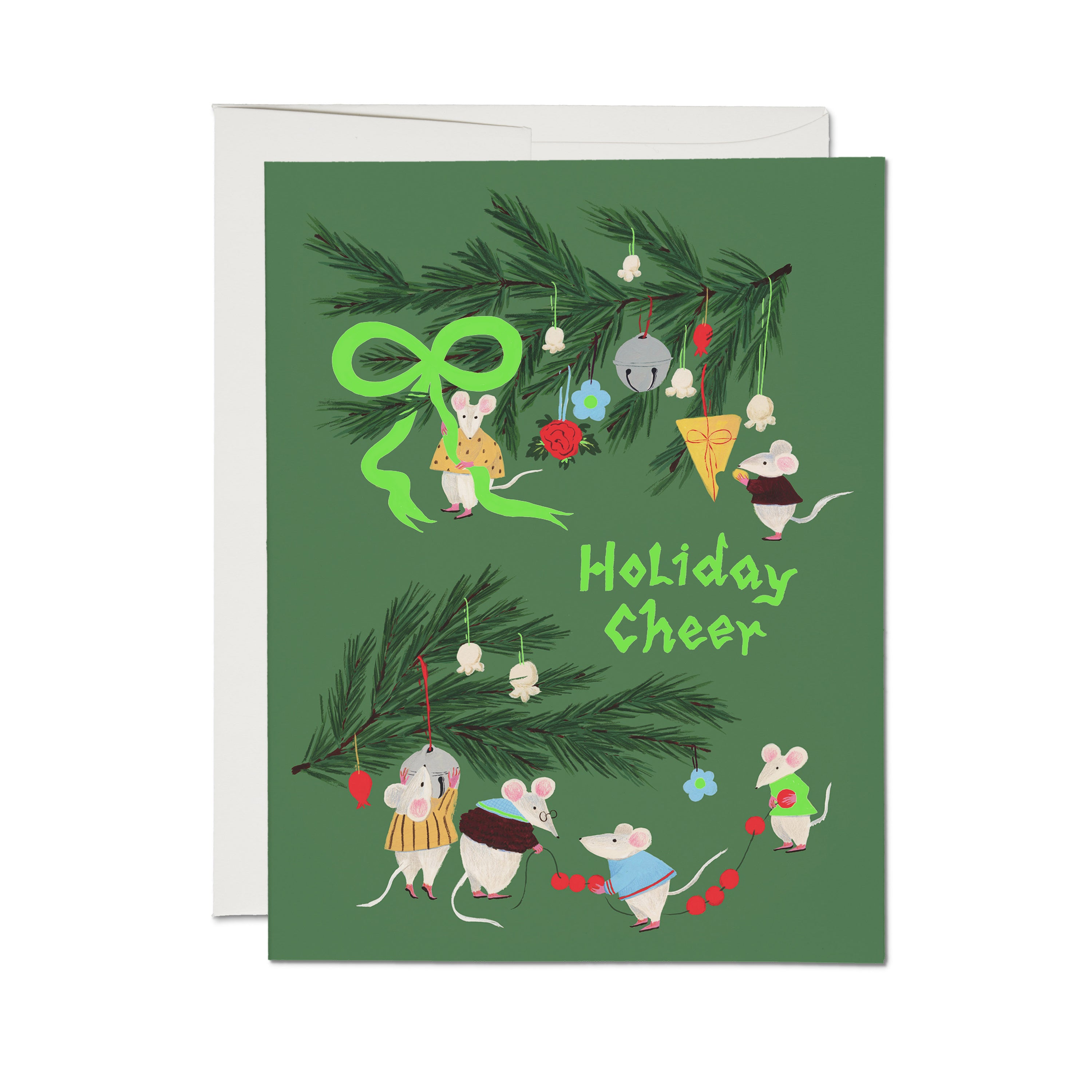 Christmas Card with various cartoon mice decorating a tree with "Holiday Cheer" text on a green background.