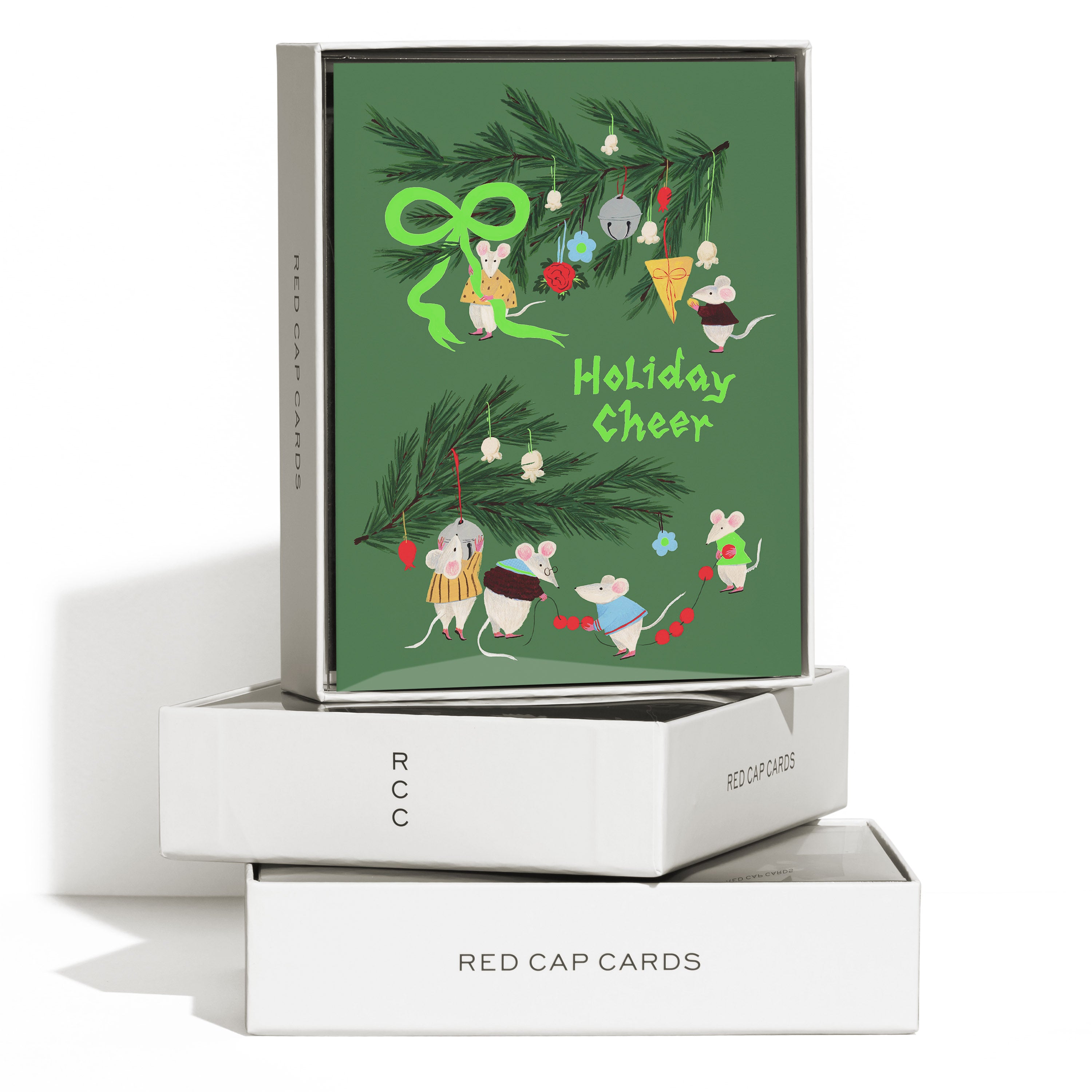 Boxed set of 8 Christmas Cards with various cartoon mice decorating a tree with "Holiday Cheer" text on a green background.