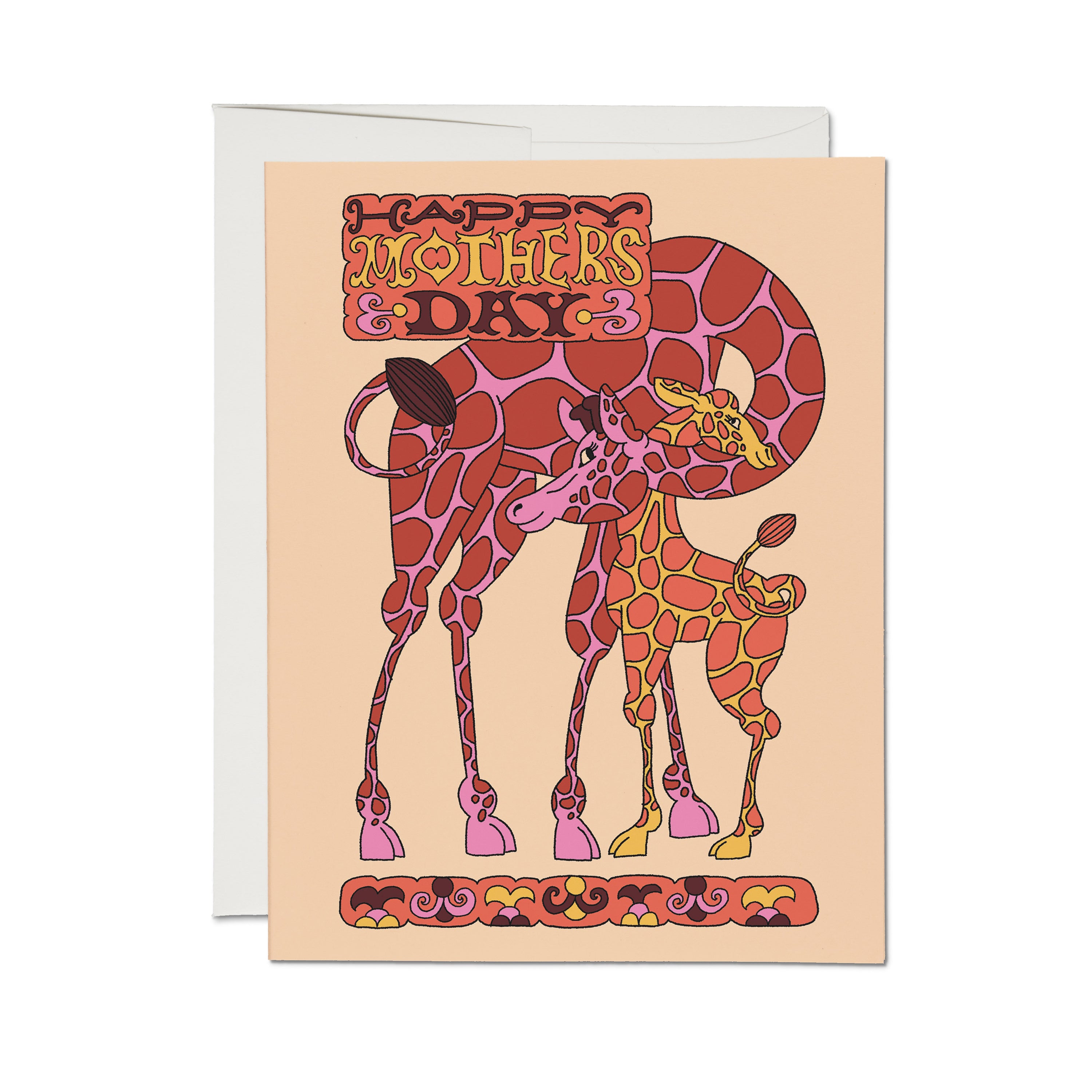 "Happy Mothers Day" card with a pink and brown mother giraffe nuzzling her orange and yellow calf on a peach background.