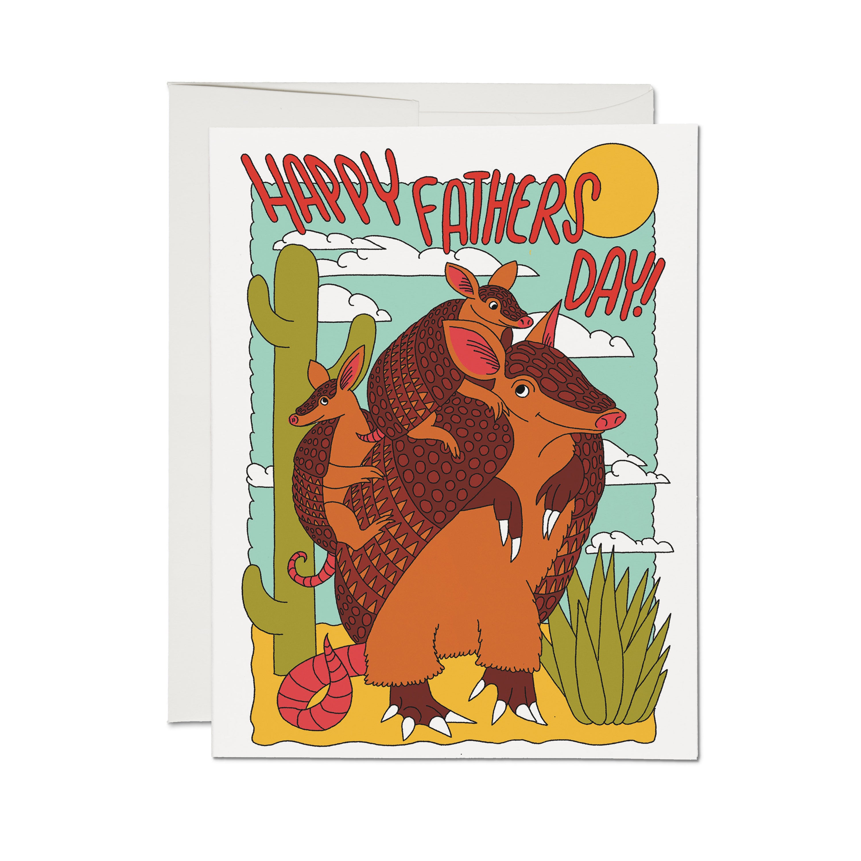 "Happy Fathers Day" card with cartoon baby armadillos riding their father's back in a desert landscape.