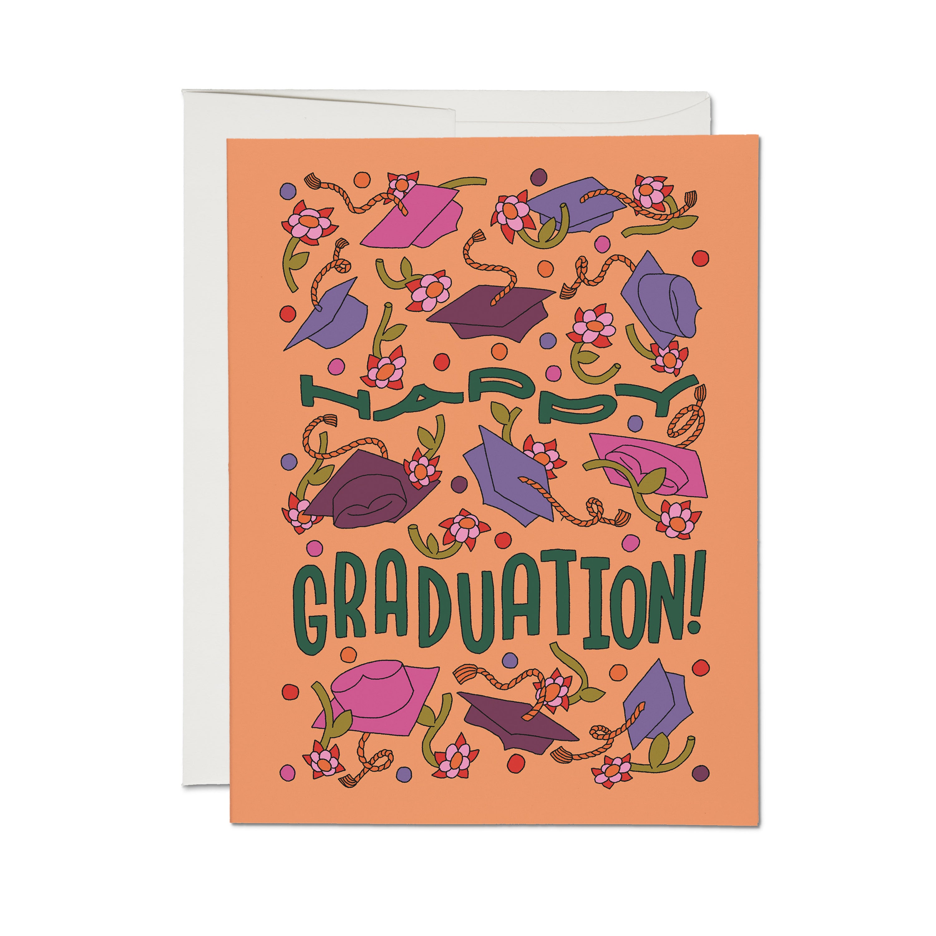 "Happy Graduation" card with graduation cap, tassels, flower and colorful dots design on a peach background.