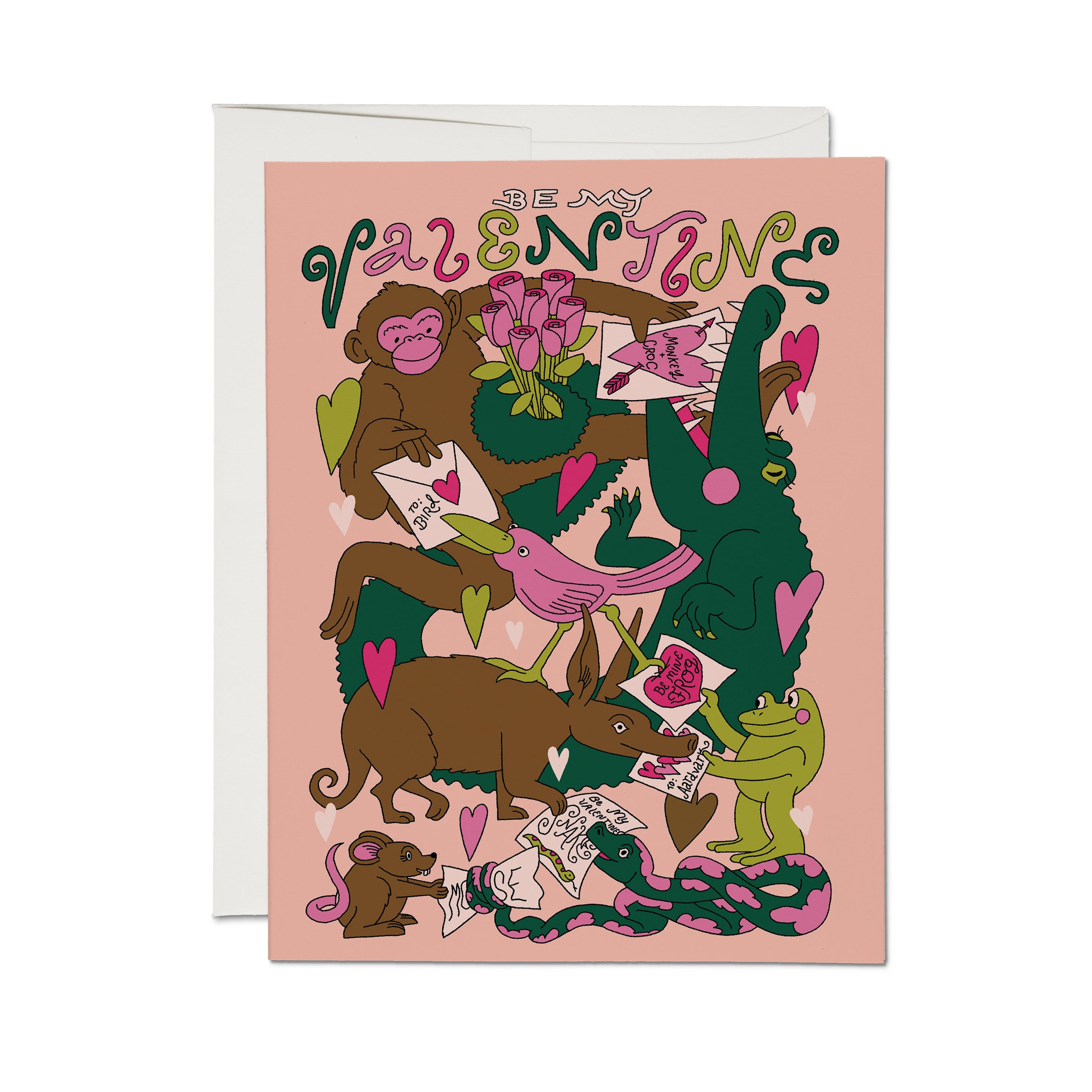 "Be My Valentine" card with jungle animals sharing valentine letters with hearts and flowers design on a pink background.