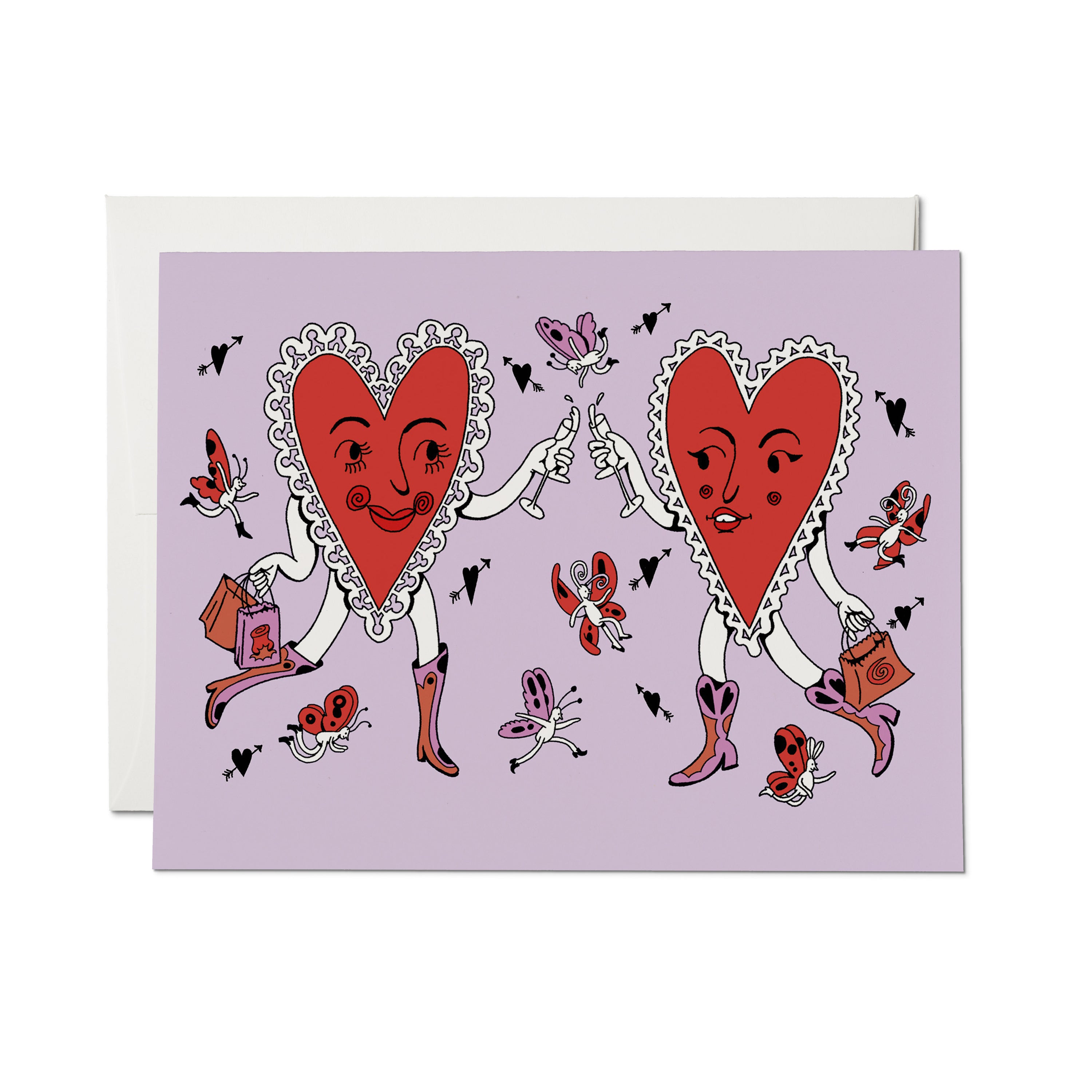 Card with two hearts in cowgirl boots toasting with butterfly and arrow through hearts pattern on a purple background.