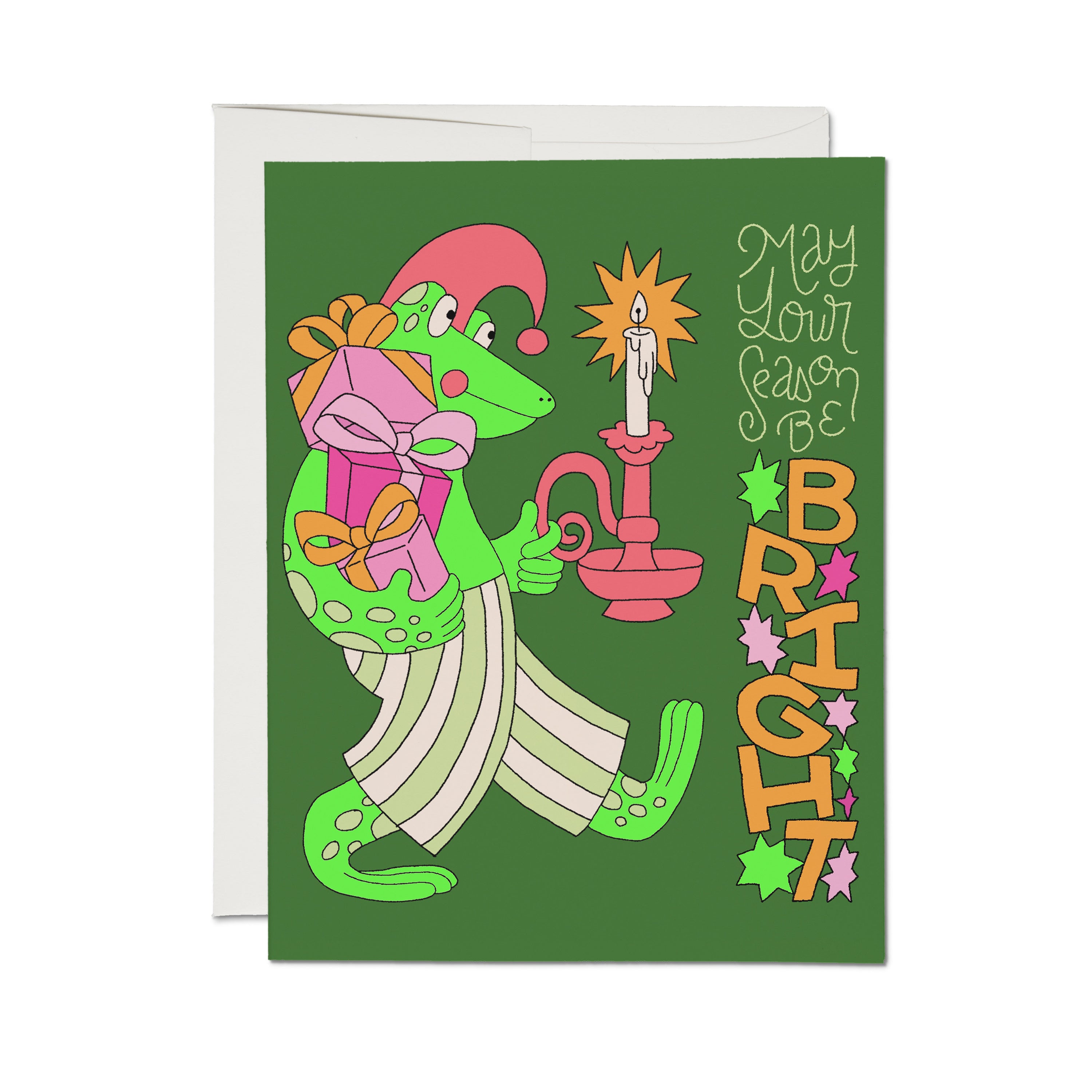 Christmas Card with cartoon frog holding presents and a candle with text "May Your Season Be Bright" on green background.