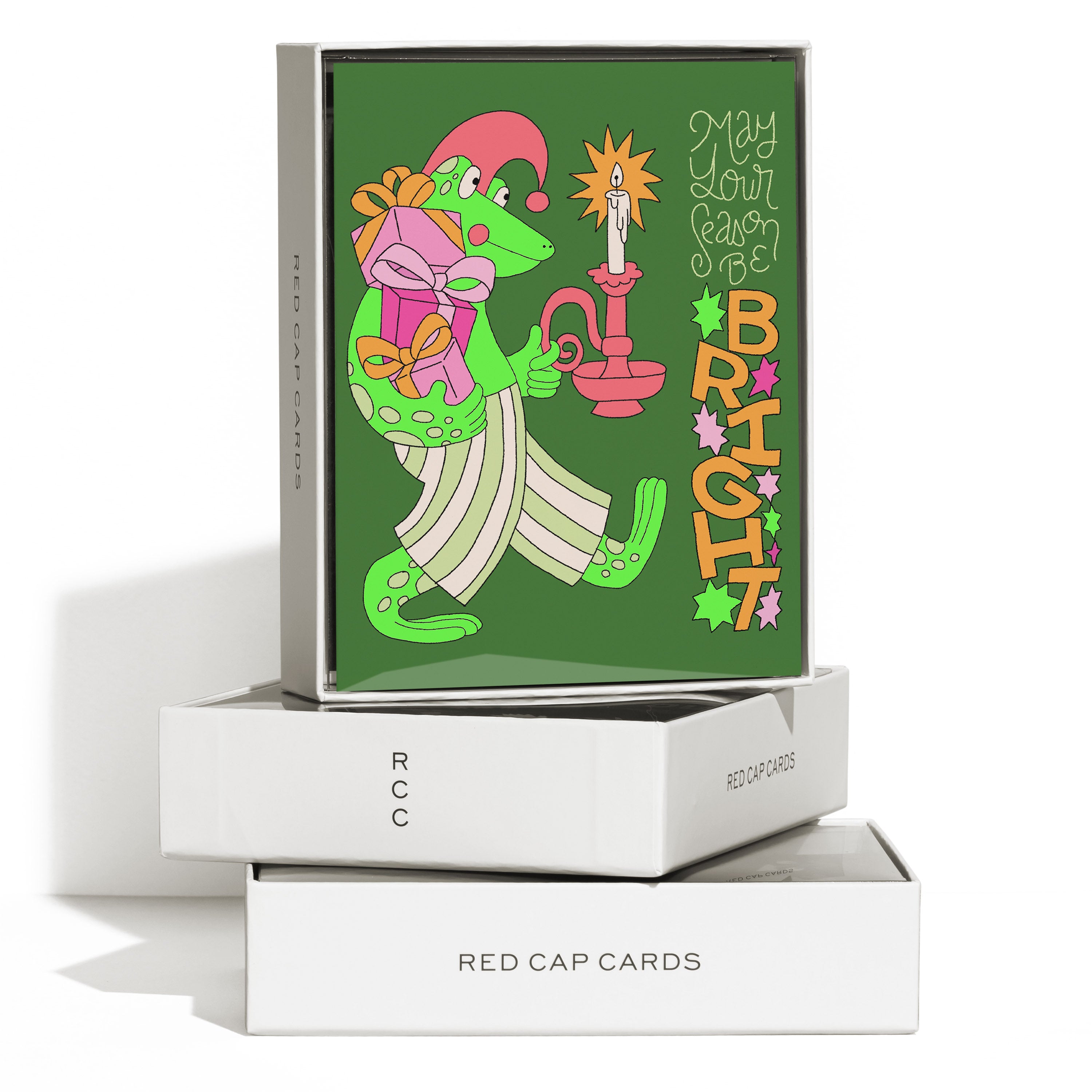 Boxed set of 8 Christmas Cards with cartoon frog holding presents and a candle with text "May Your Season Be Bright".