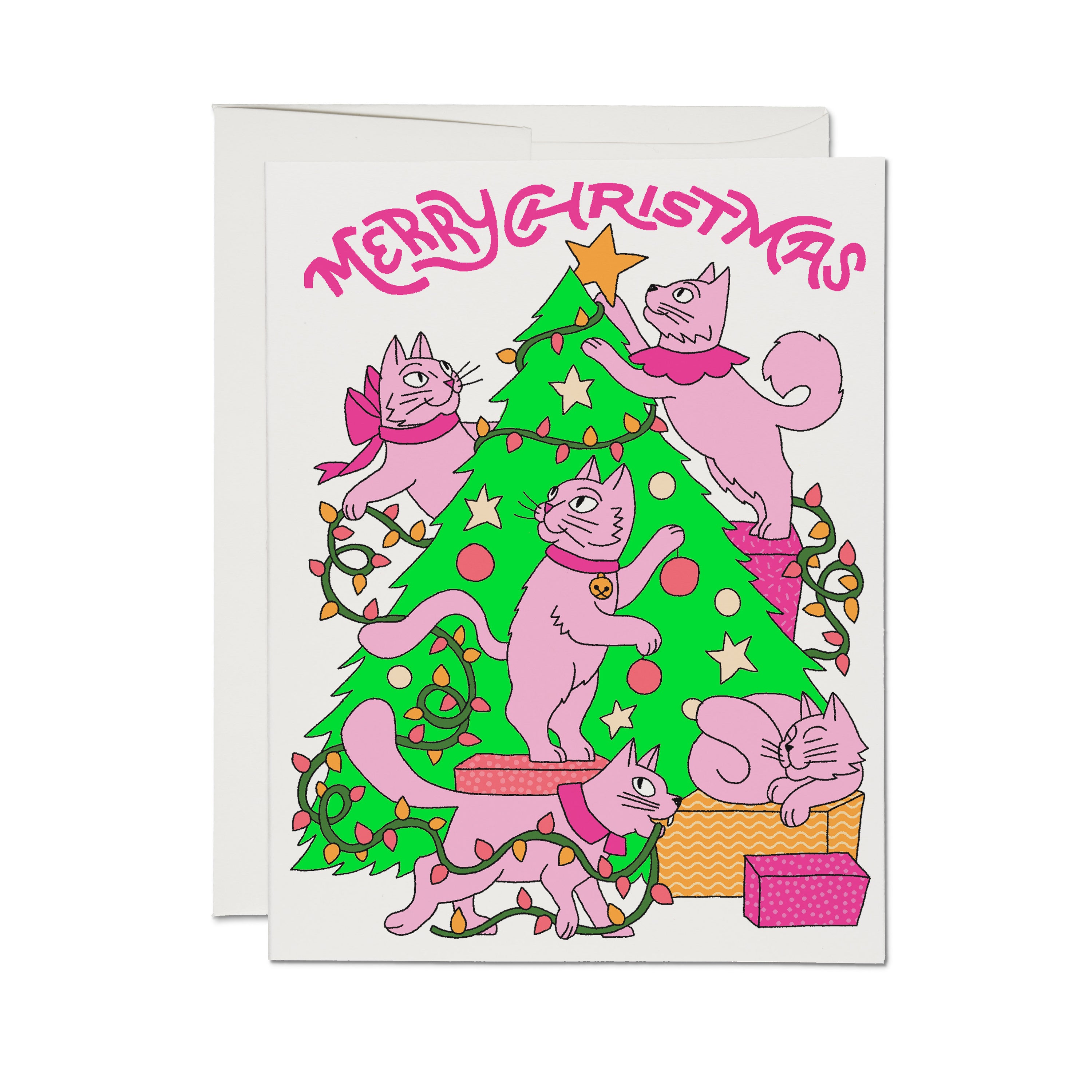 Greeting card with 5 pink cats decorating a Christmas tree with "Merry Christmas" pink text on white background.