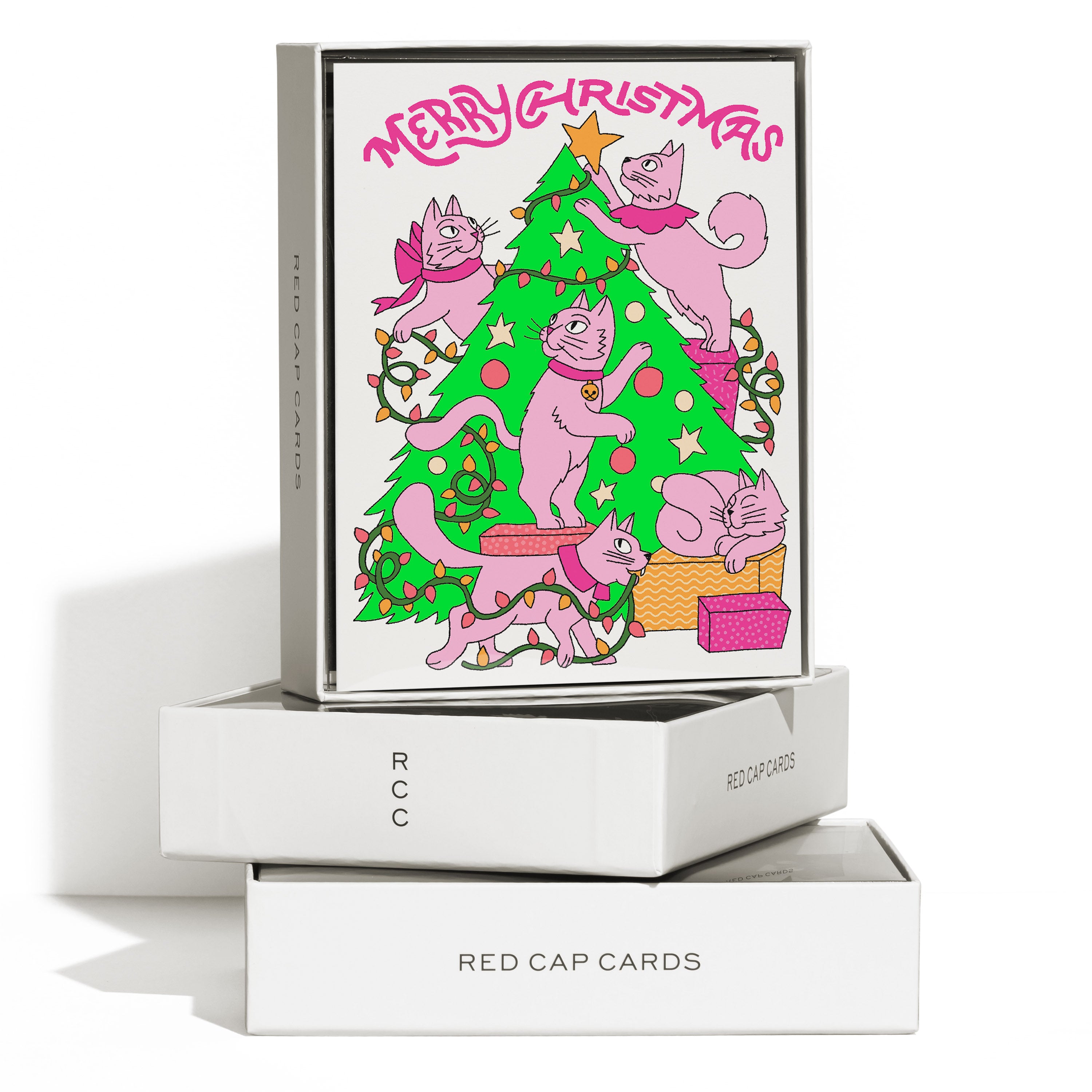 Set of 8 Greeting cards with 5 pink cats decorating a Christmas tree with "Merry Christmas" pink text on white background.