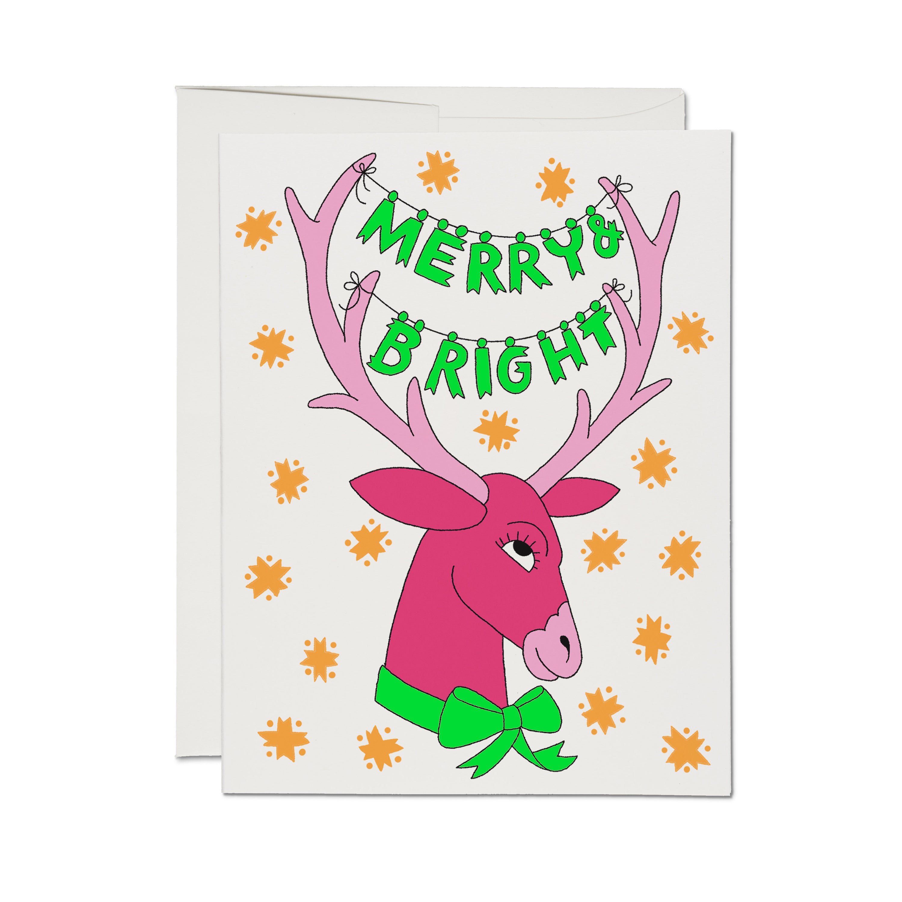 Christmas card with a pink reindeer and the words 'MERRY &amp; BRIGHT' in green across the antlers on a white background.
