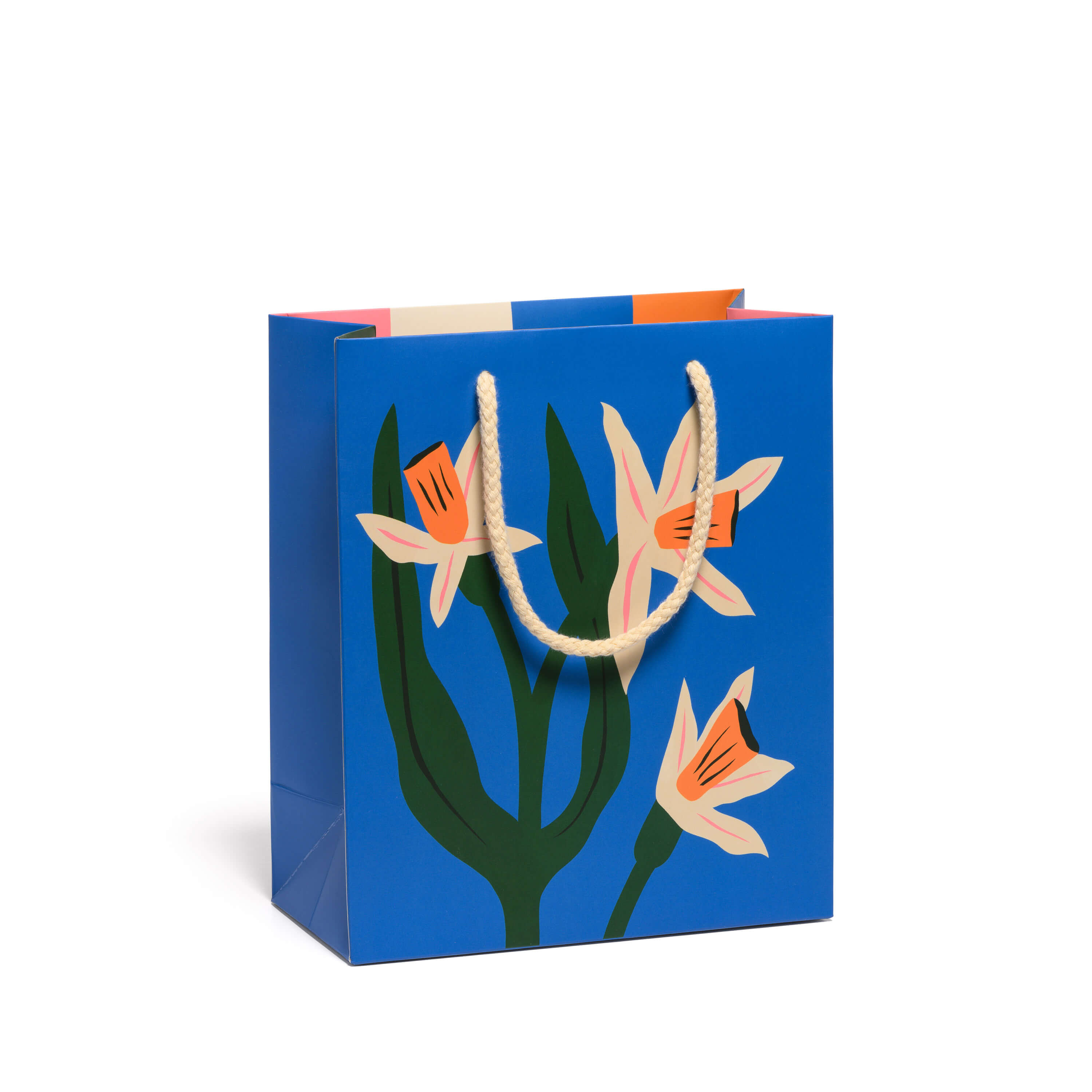 Medium Blue gift bag with floral design and white rope handle. on a white background.