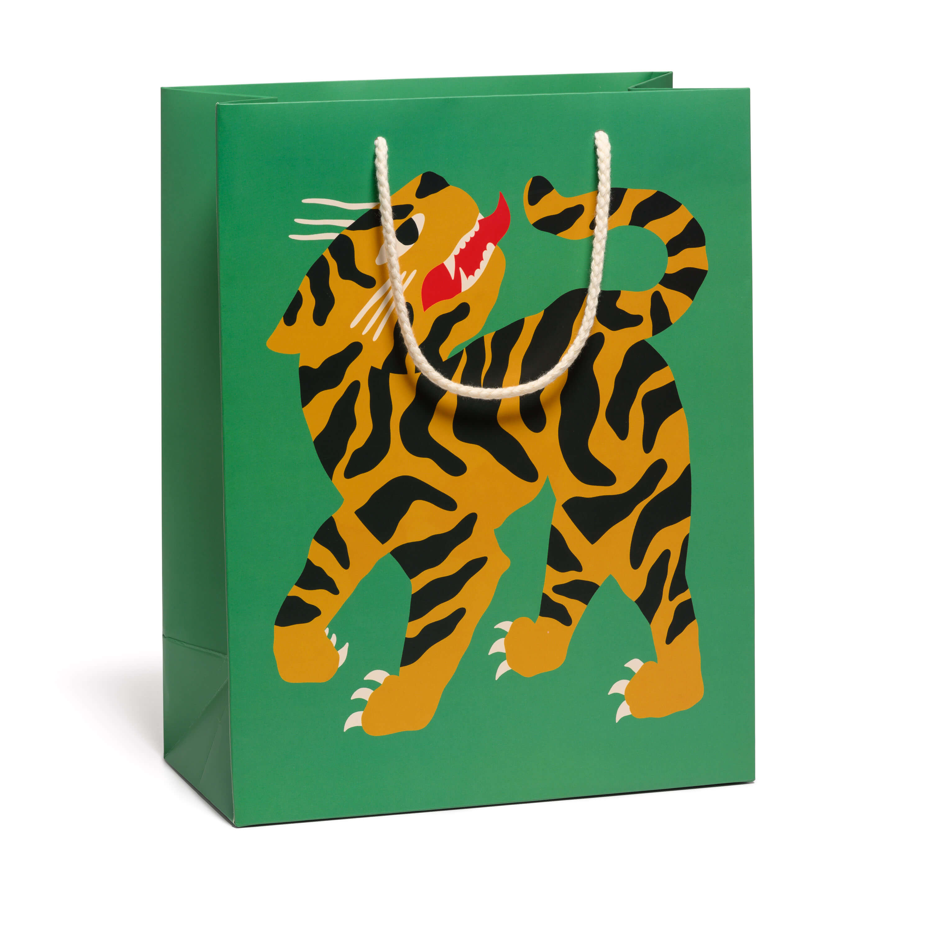 Large Green gift bag with an illustrated tiger design with white rope handle on a white background.