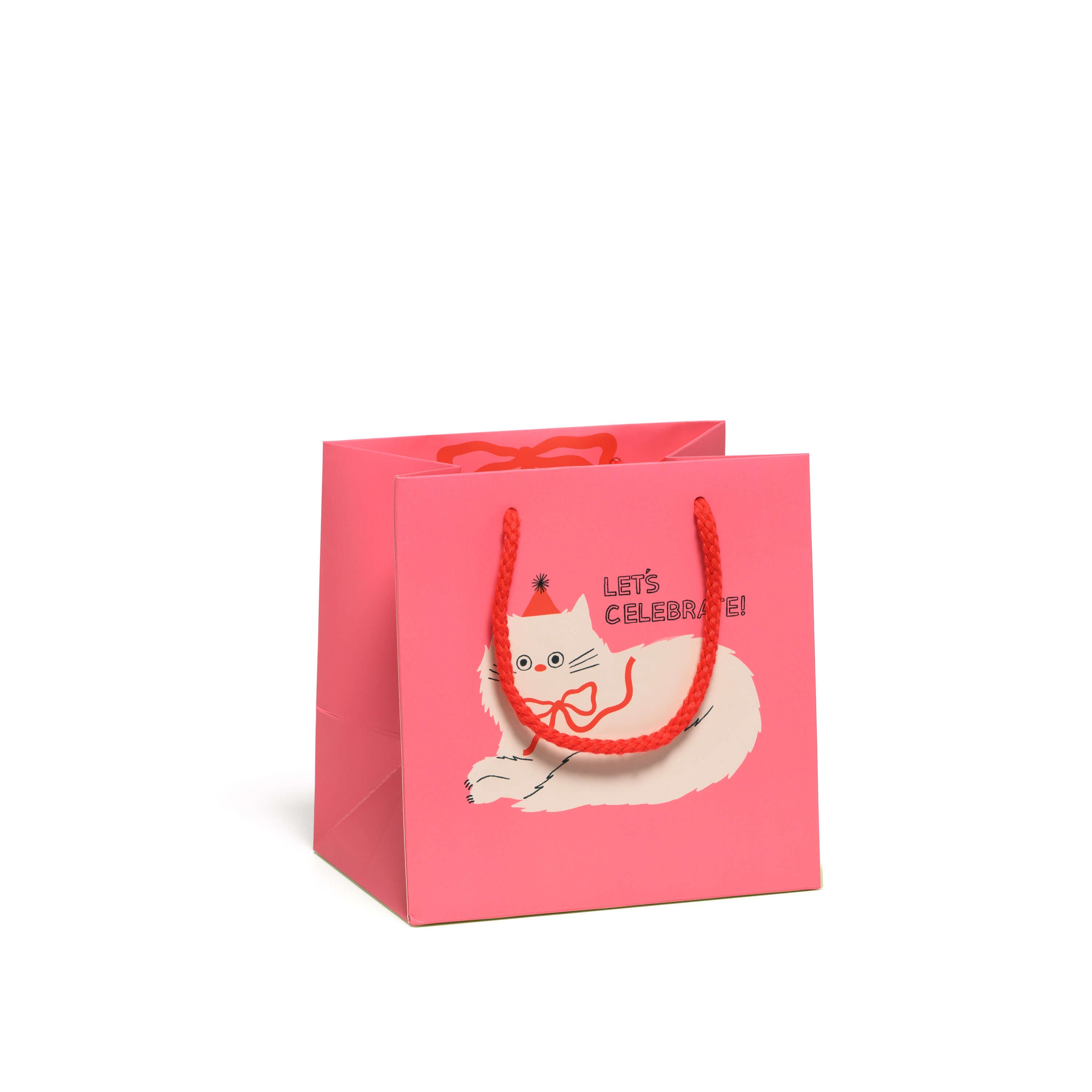 Small Pink gift bag with a cat illustration and 'Let's Celebrate!' text on a white background.