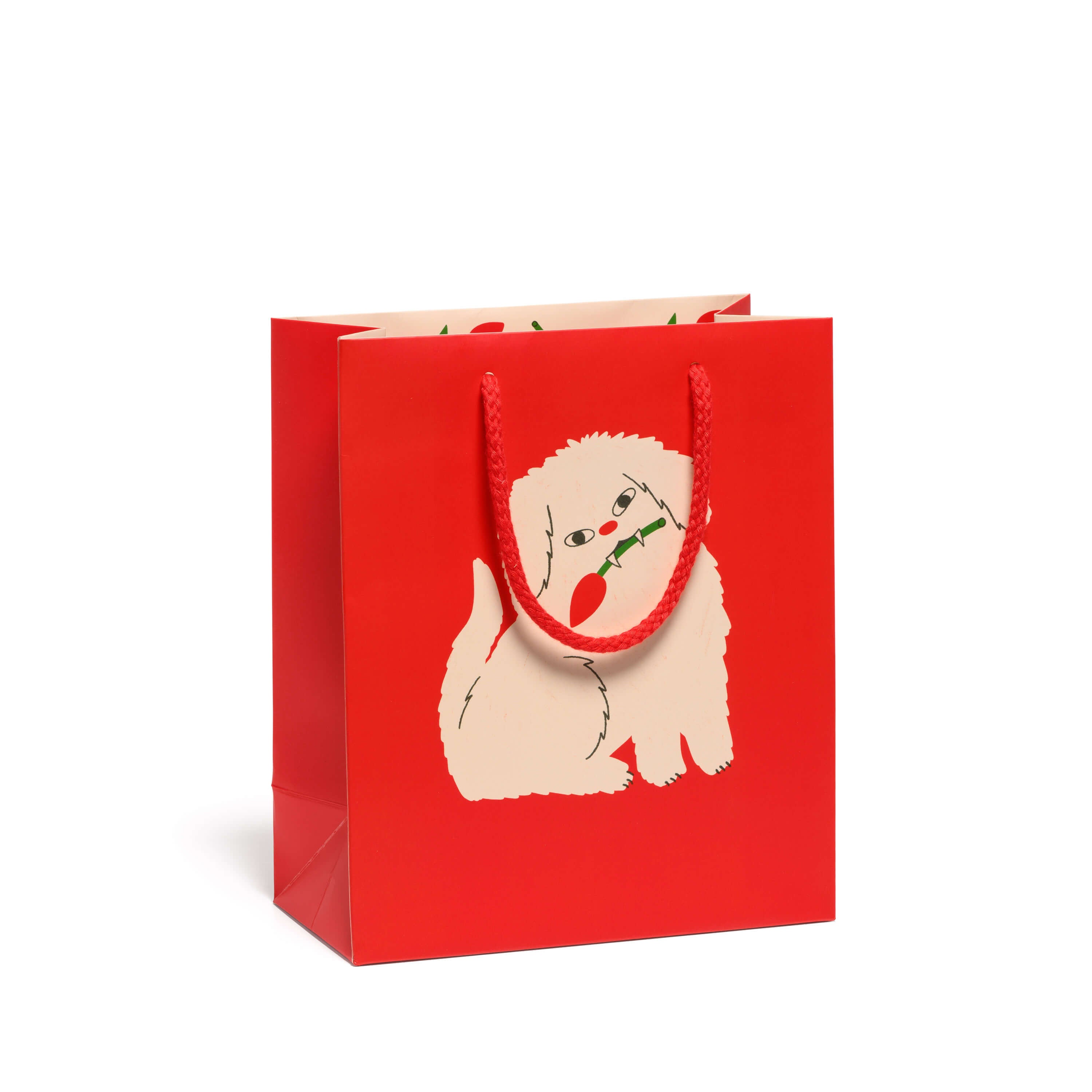 Medium Red gift bag with a white dog with fangs biting a tulip illustration with a red rope handle on a white background.