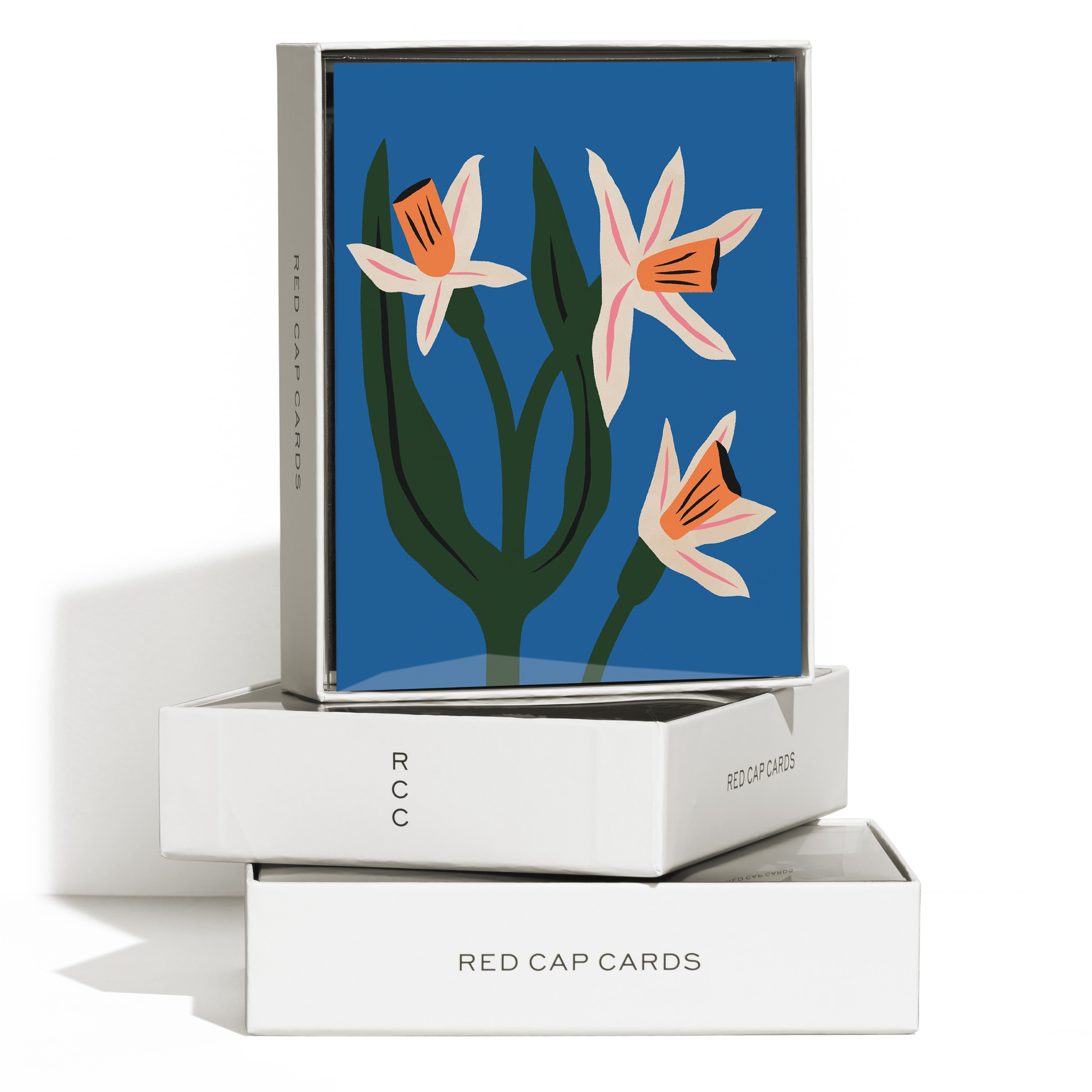 Boxed set of 8 greeting cards with a green, pink, white and orange floral design on a blue background.
