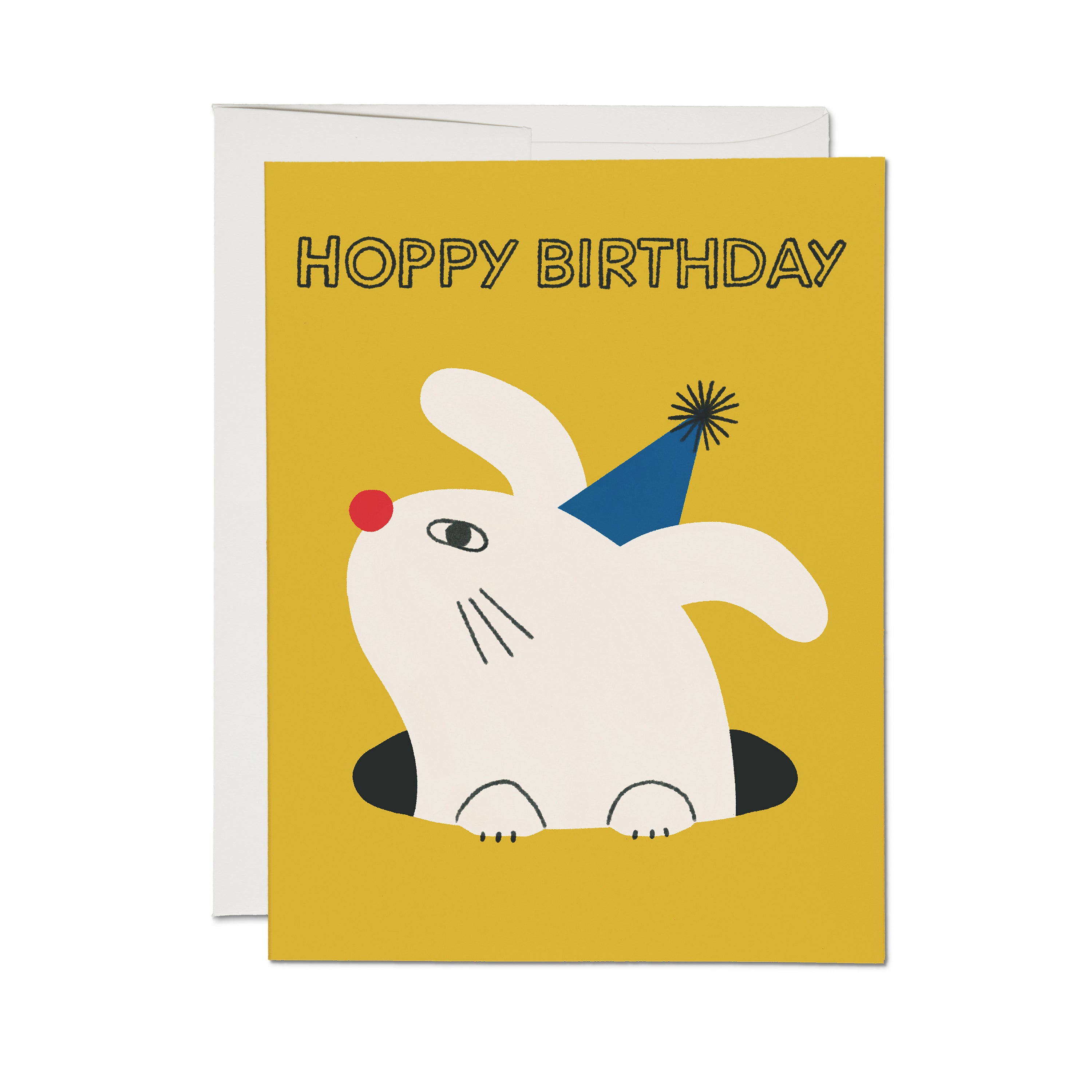 "Hoppy Birthday" greeting card with a white rabbit popping through a hole wearing a party hat on a yellow background.