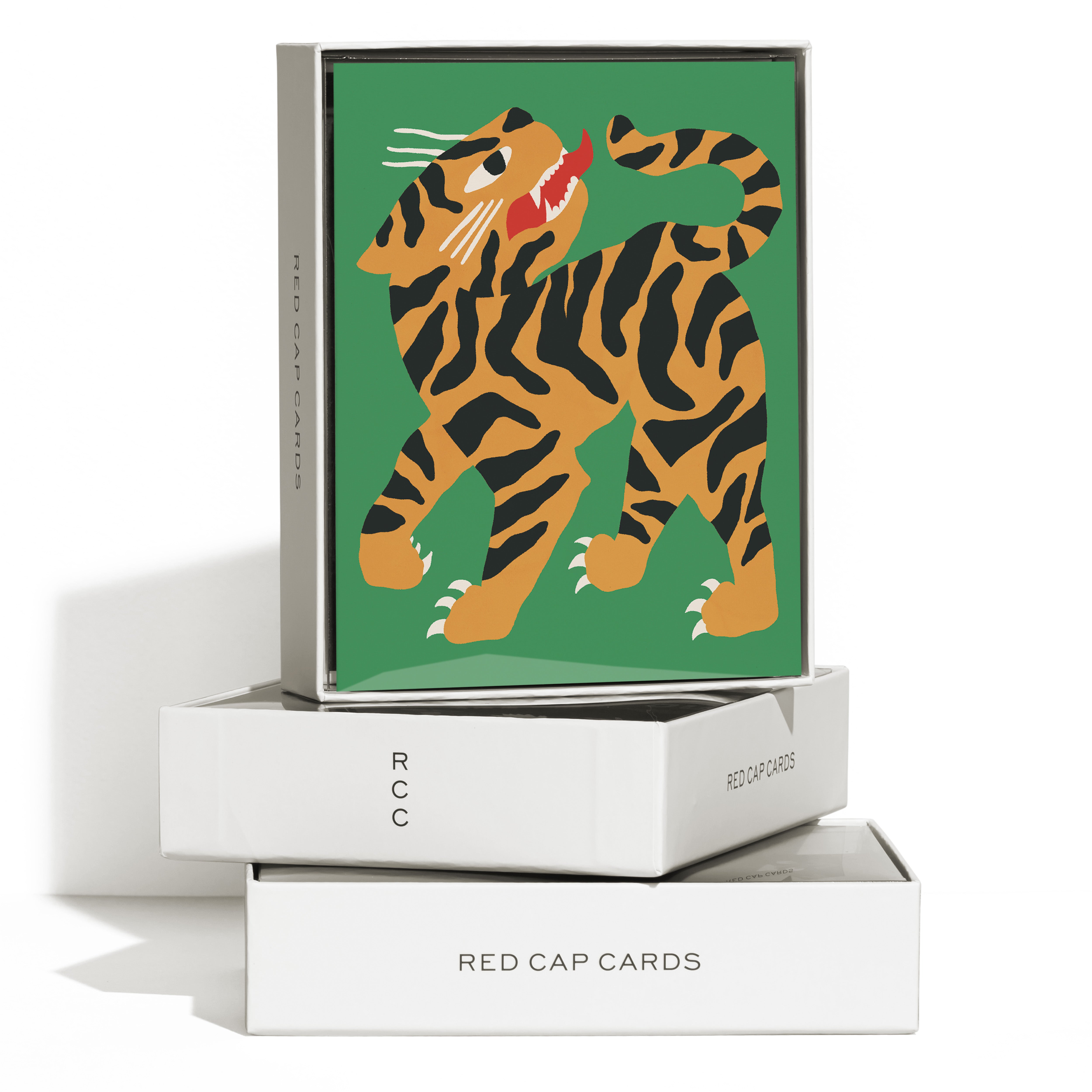 Boxed set of 8 greeting cards with an illustrated growling tiger on a green background.