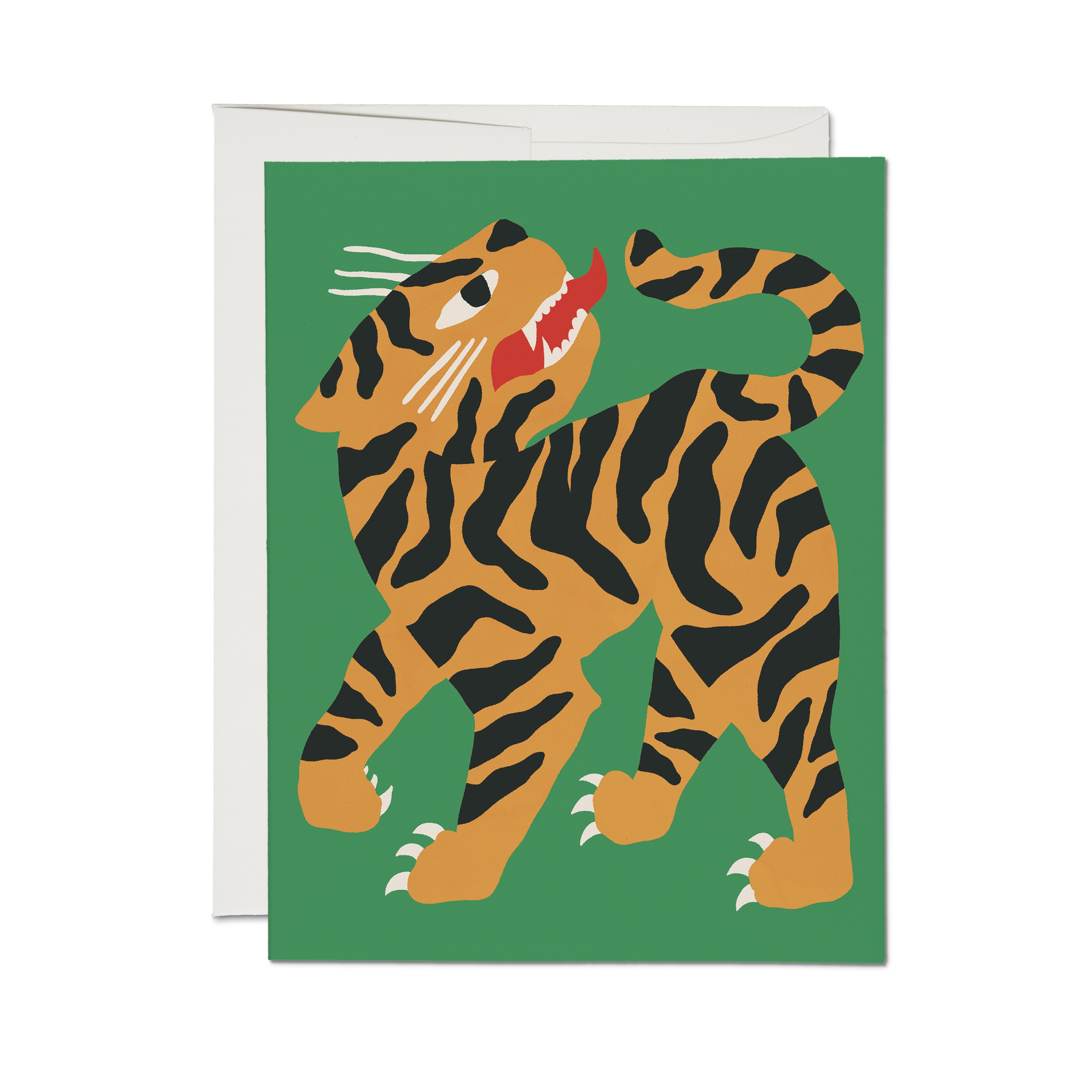Greeting card with an illustrated growling tiger on a green background.
