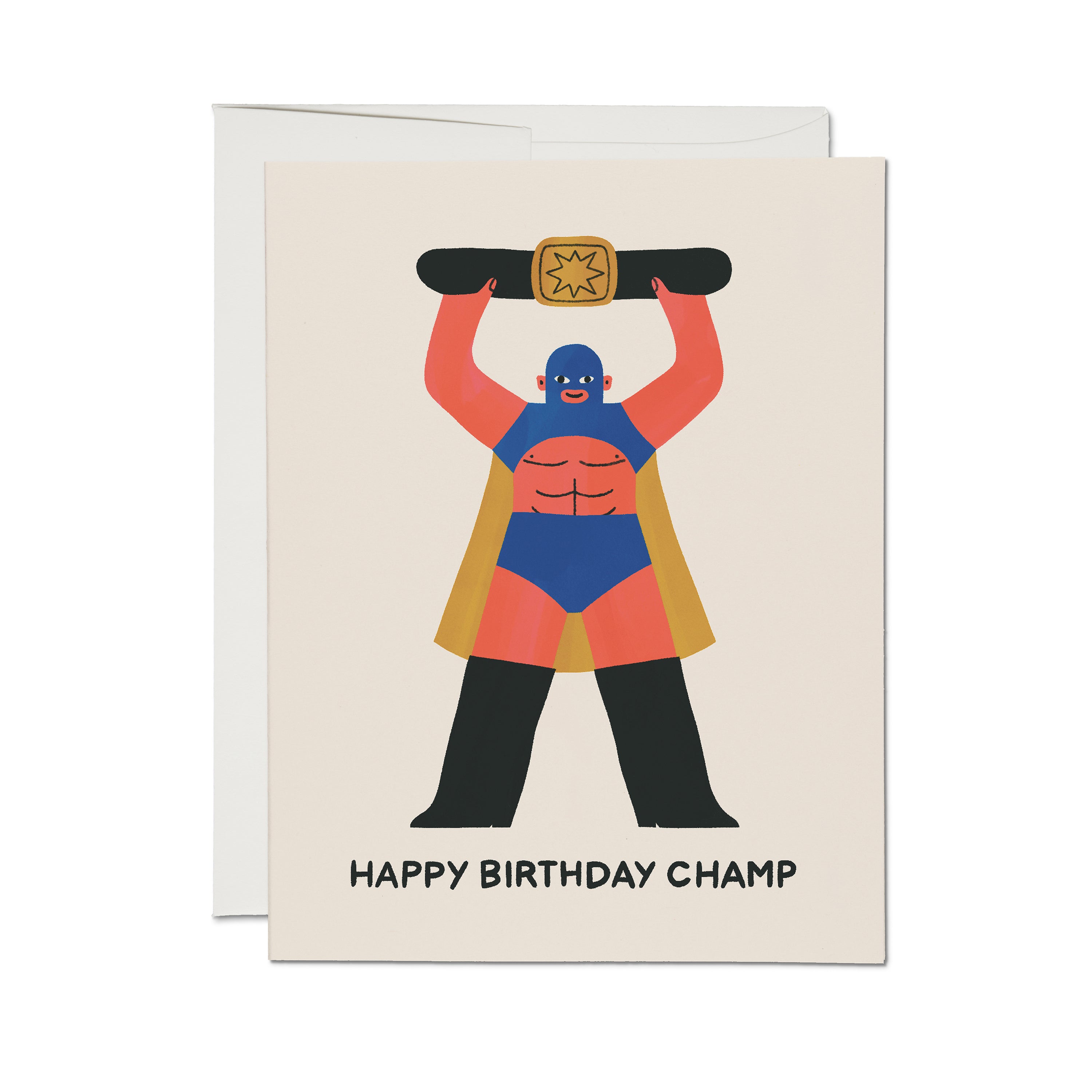 "Happy Birthday Champ" card with colorful luchador wrestler holding a championship belt on beige background.