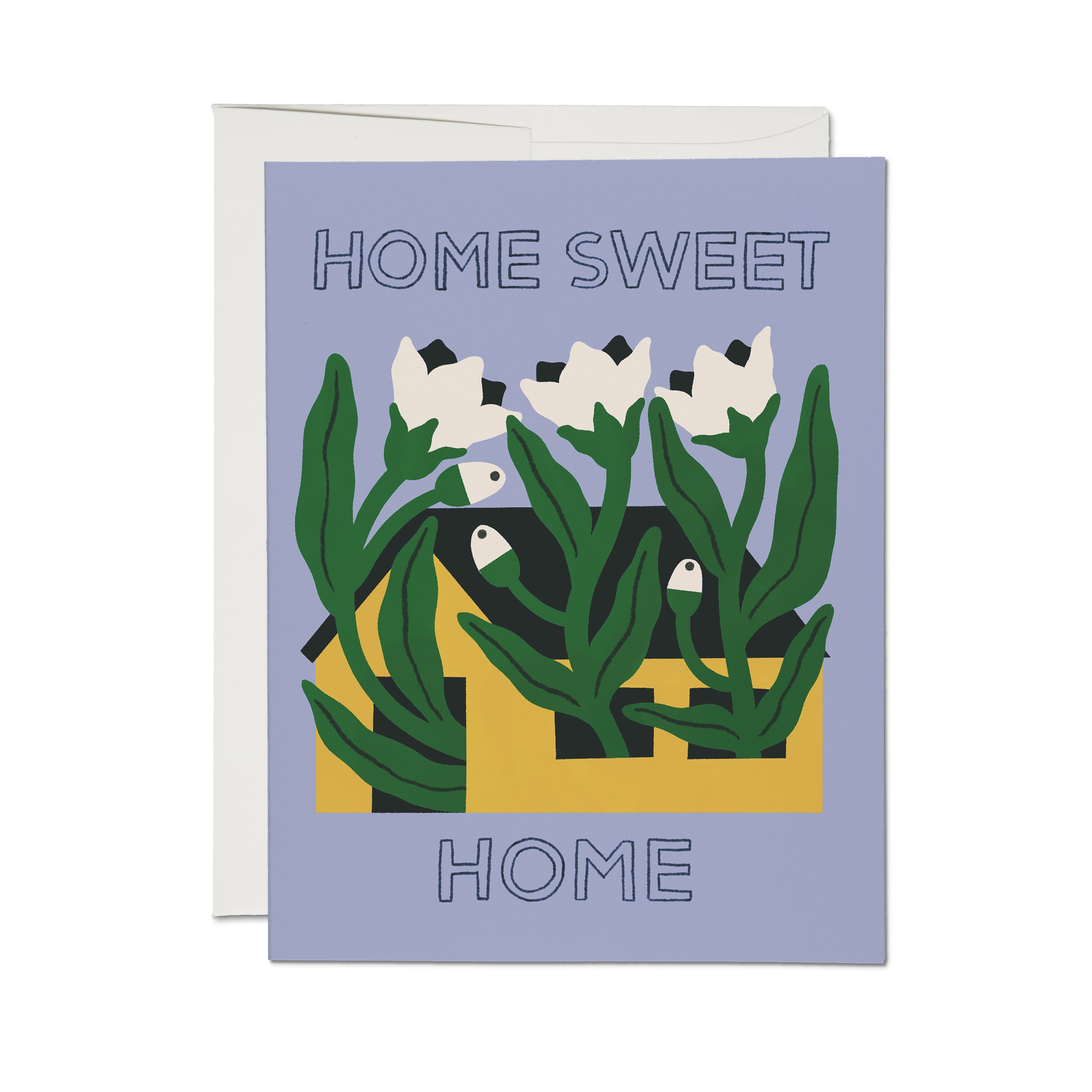 "Home Sweet Home" greeting card with a yellow house overflowing with white tulips and green foliage on a purple background.