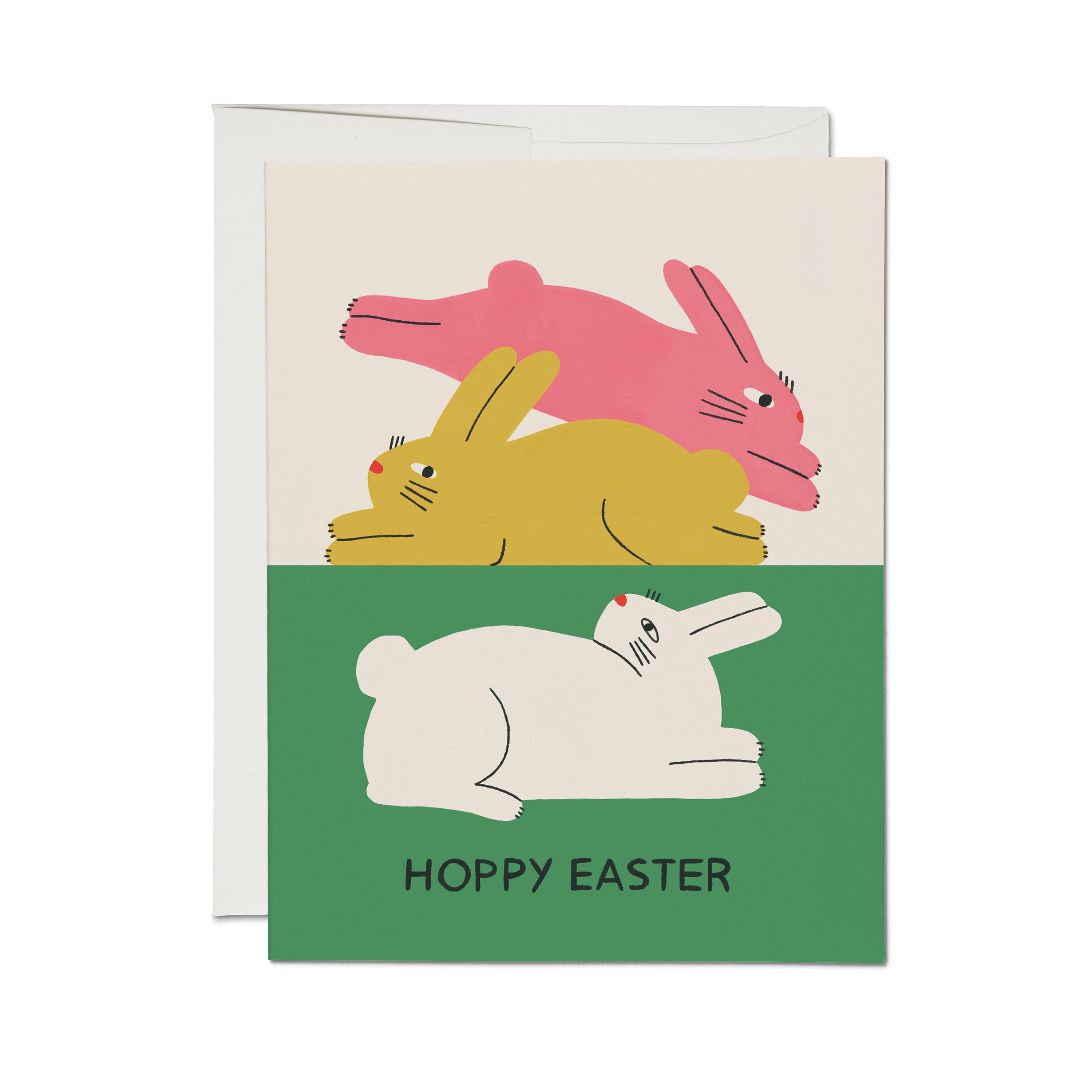 "Hoppy Easter" card with an illustrated pink, yellow and white bunny on a white and green background.
