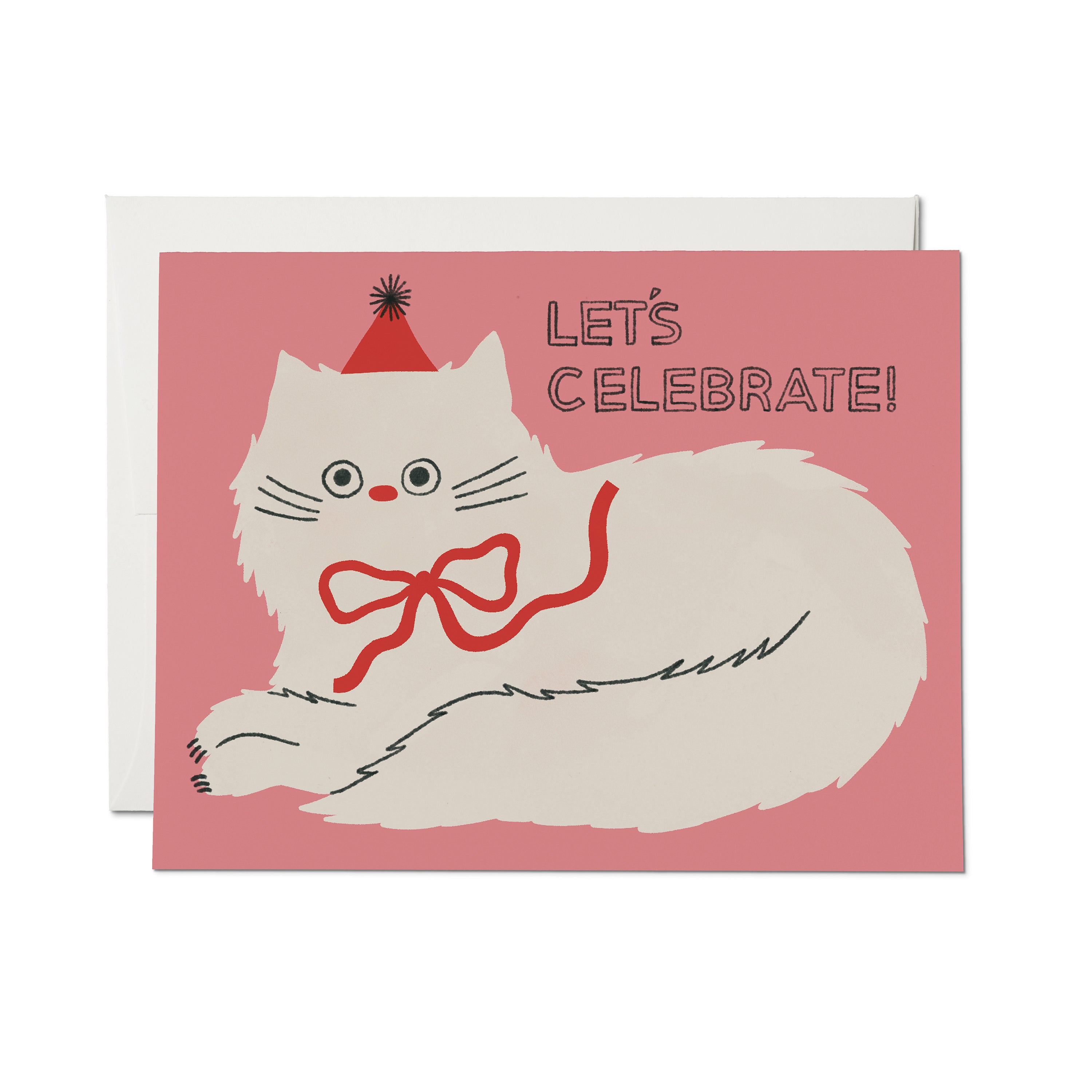 "Let's Celebrate" greeting card with a white cat wearing a red party hat and bow on a pink background.
