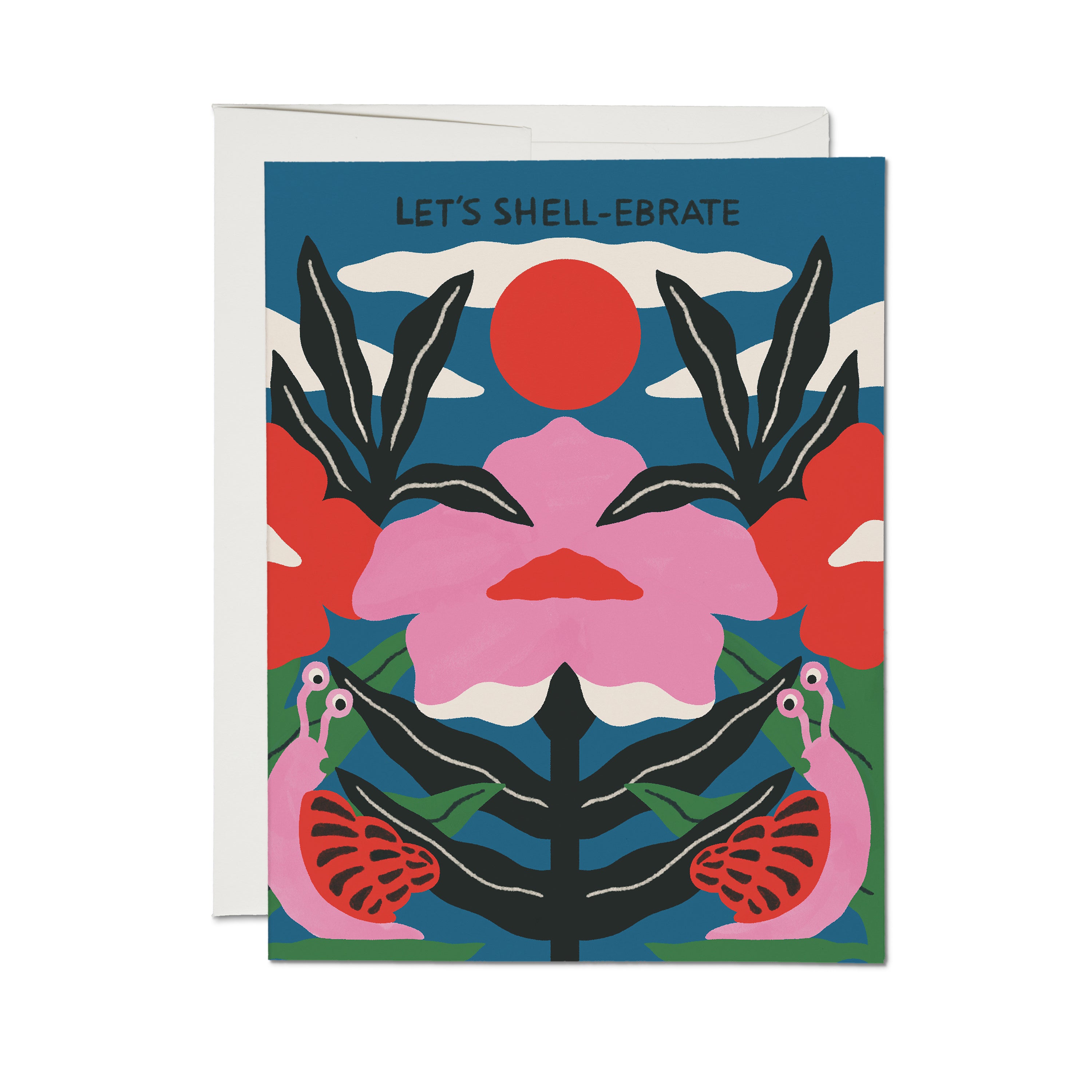 "Let's Shell-ebrate" card with two snails flanking a pink flower, with a red sun, and bold foliage on blue background.