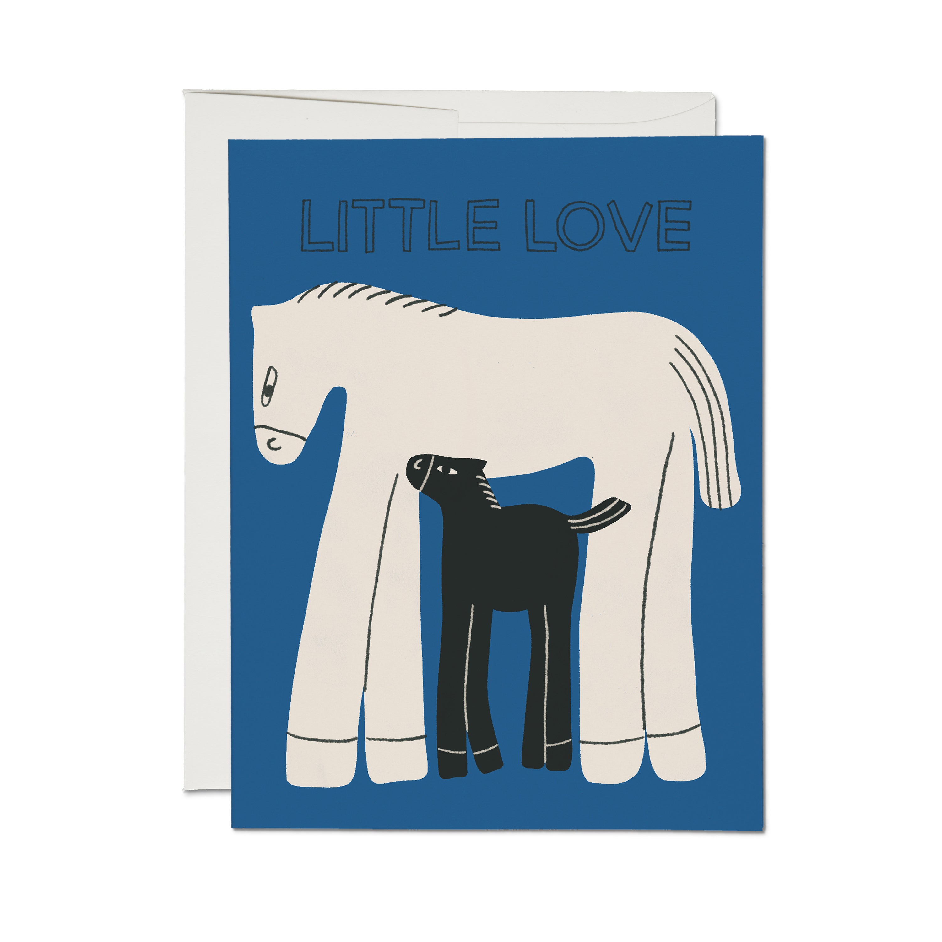 "Little Love" greeting card with a large white horse and small black foal nestled beside it on a blue background.
