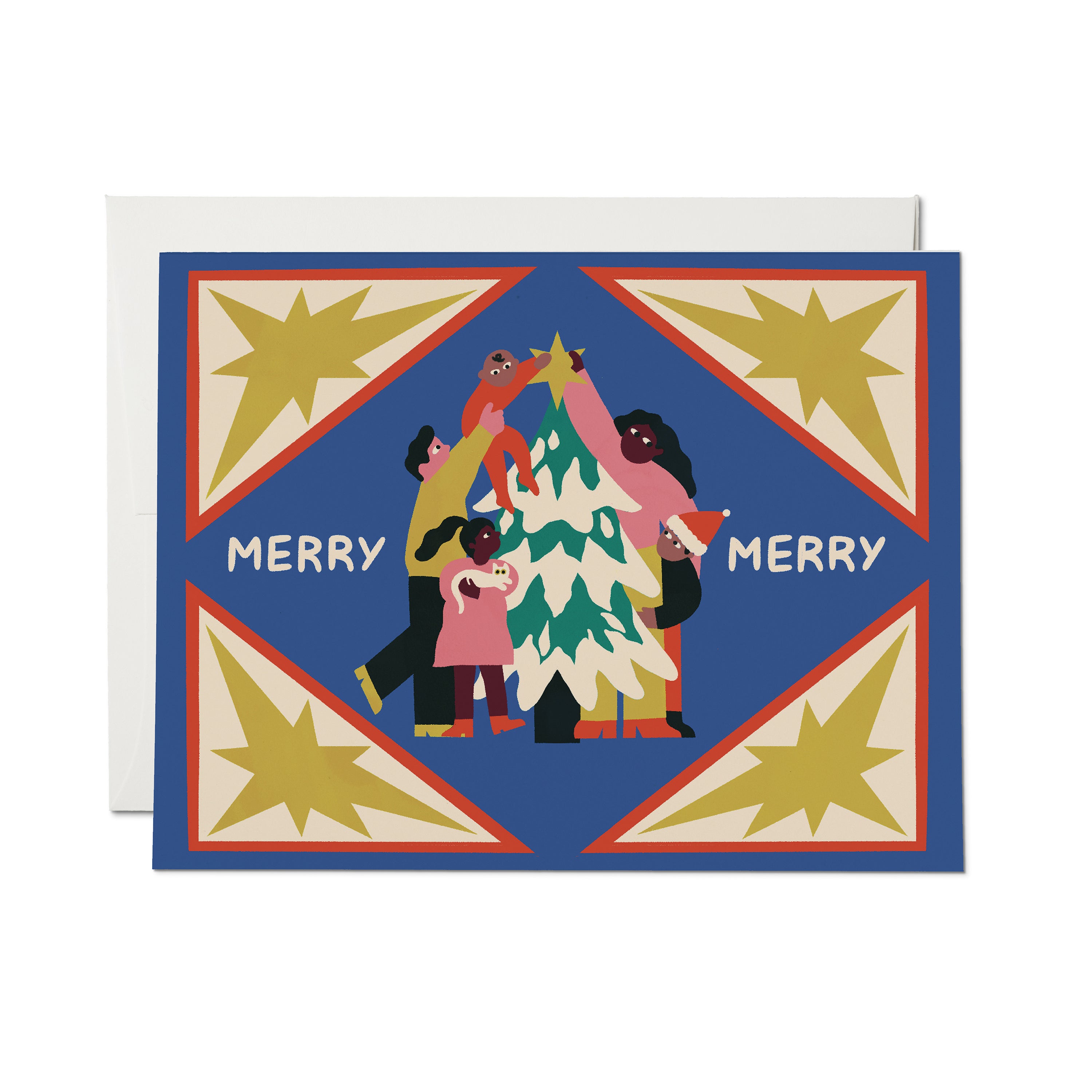 "Merry Merry" holiday card with illustrated family placing a star atop a Christmas tree, starburst border on blue background.