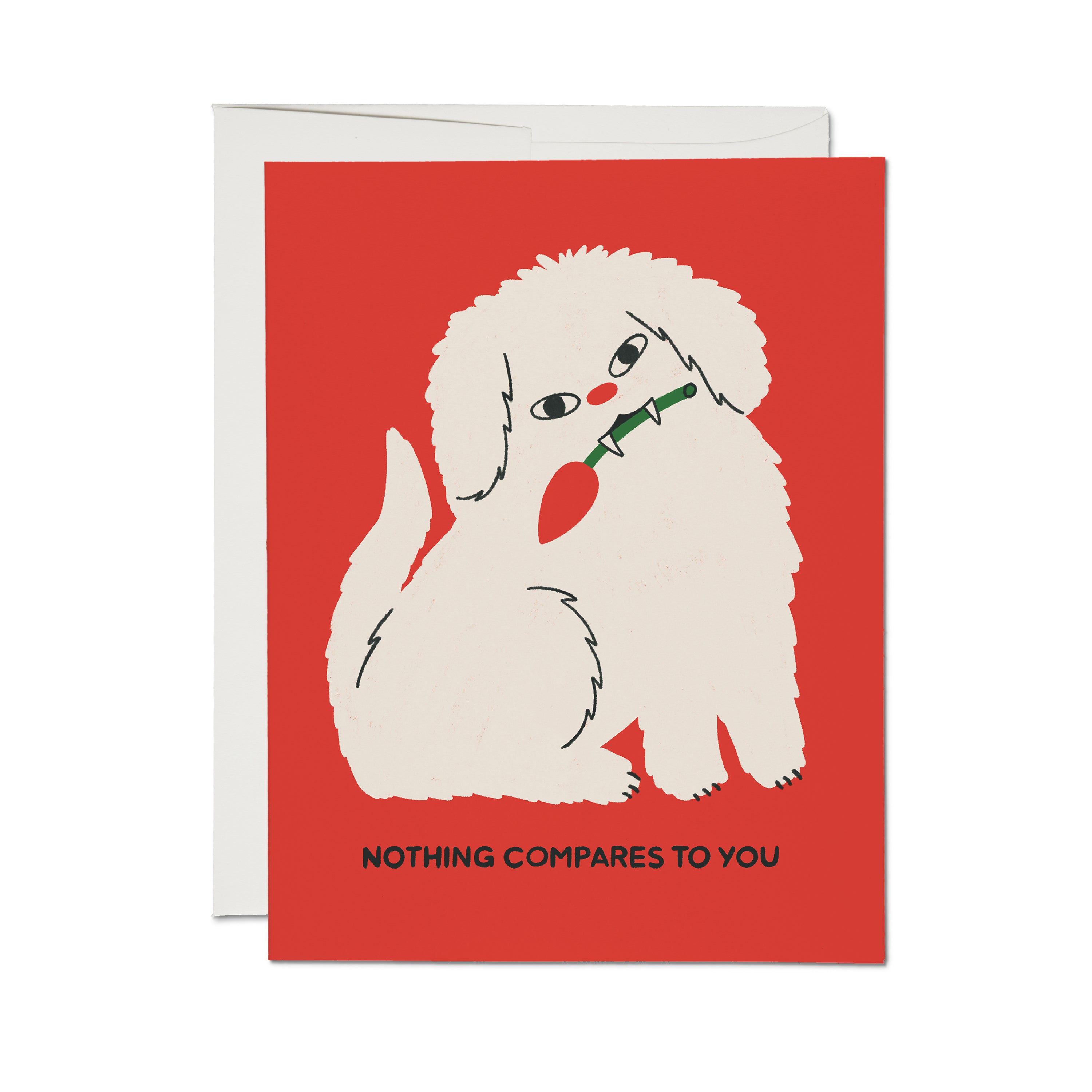 Greeting card with illustrated white dog with fangs holding a red rose and "NOTHING COMPARES TO YOU" text on red background.