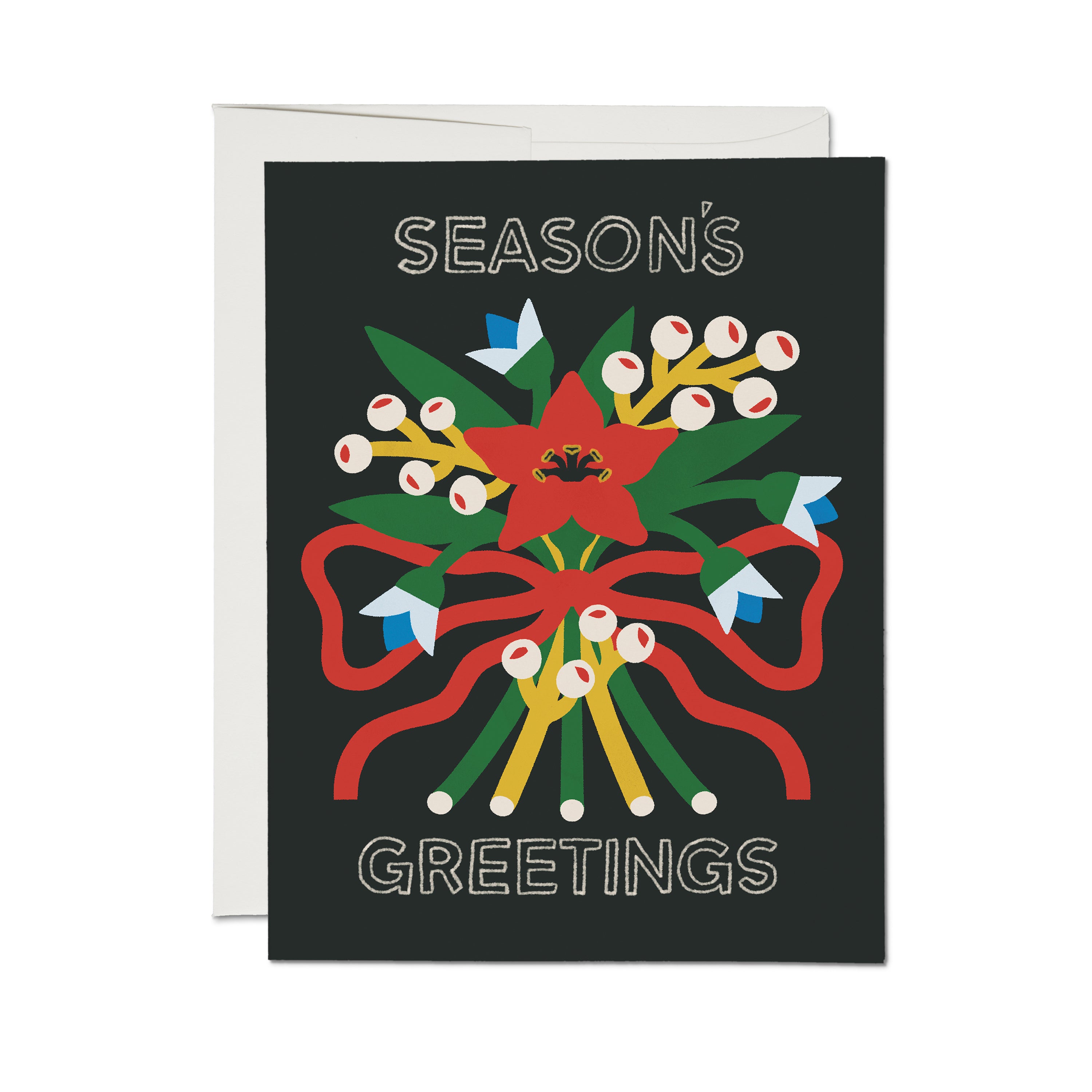 "Season's Greetings" holiday card with poinsettia bouquet, red ribbon bow, white lettering on black background.