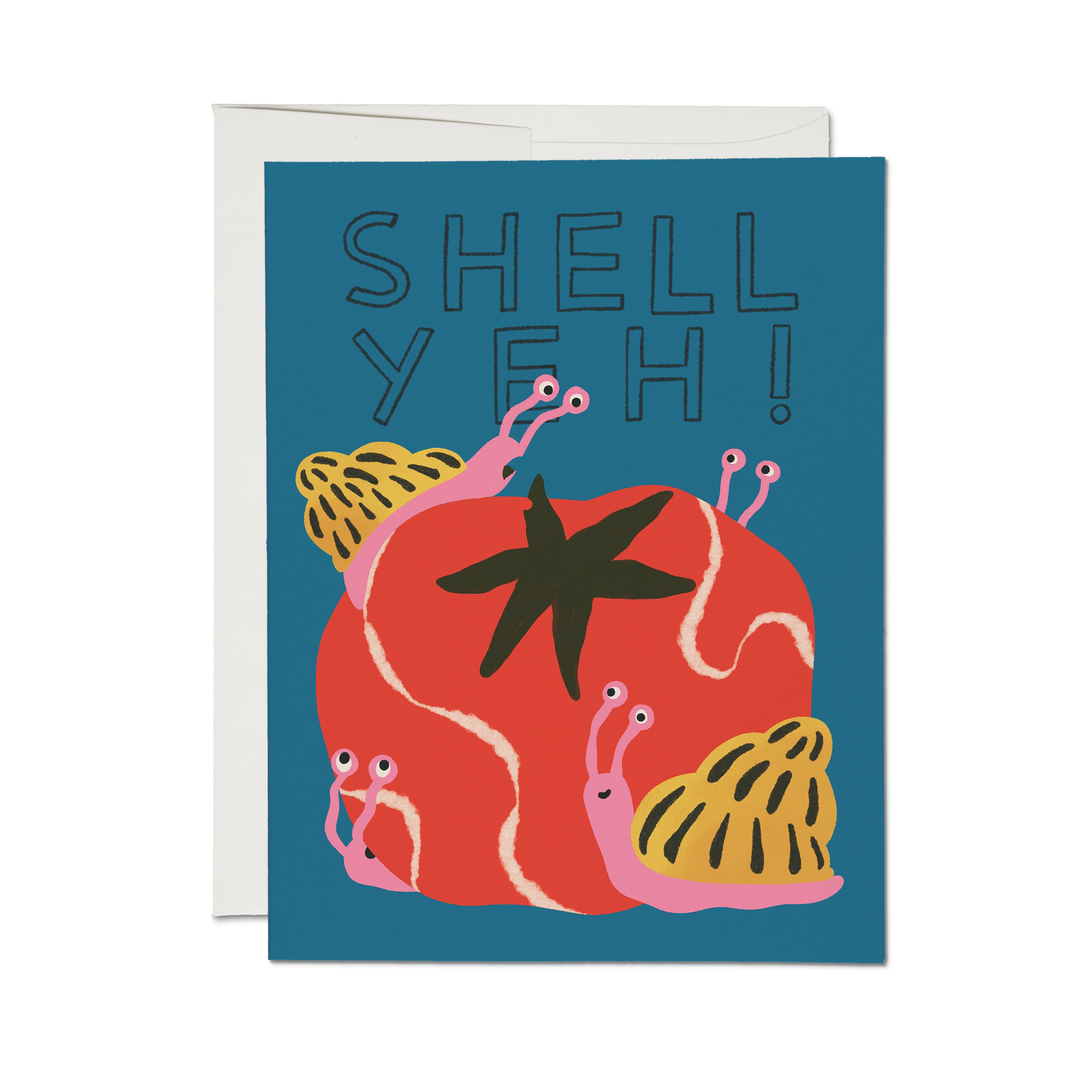 Greeting card with cartoon snails on a tomato with "SHELL YEH!" text on blue background.