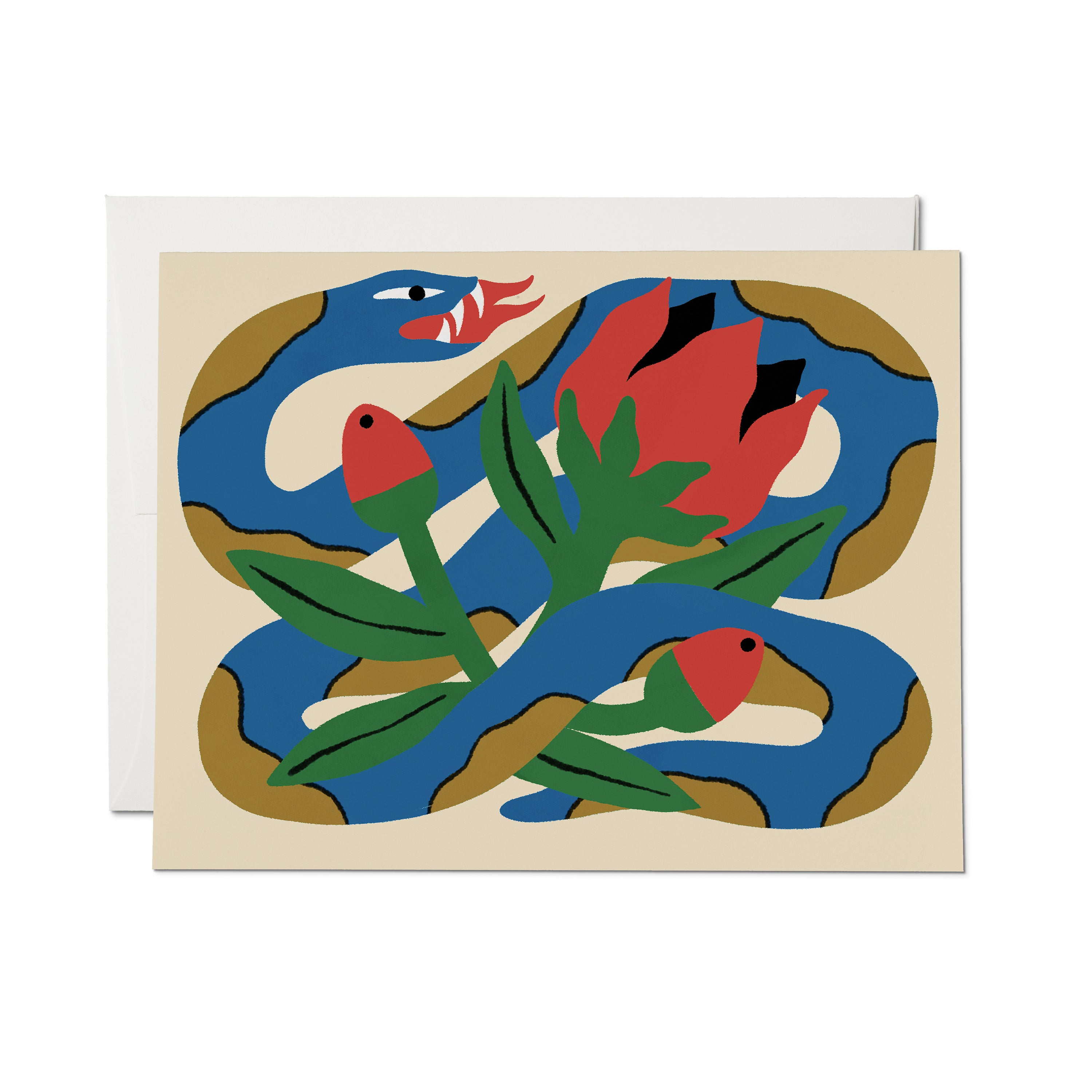 Greeting card with red, green, blue and yellow snake and flower pattern on beige background.