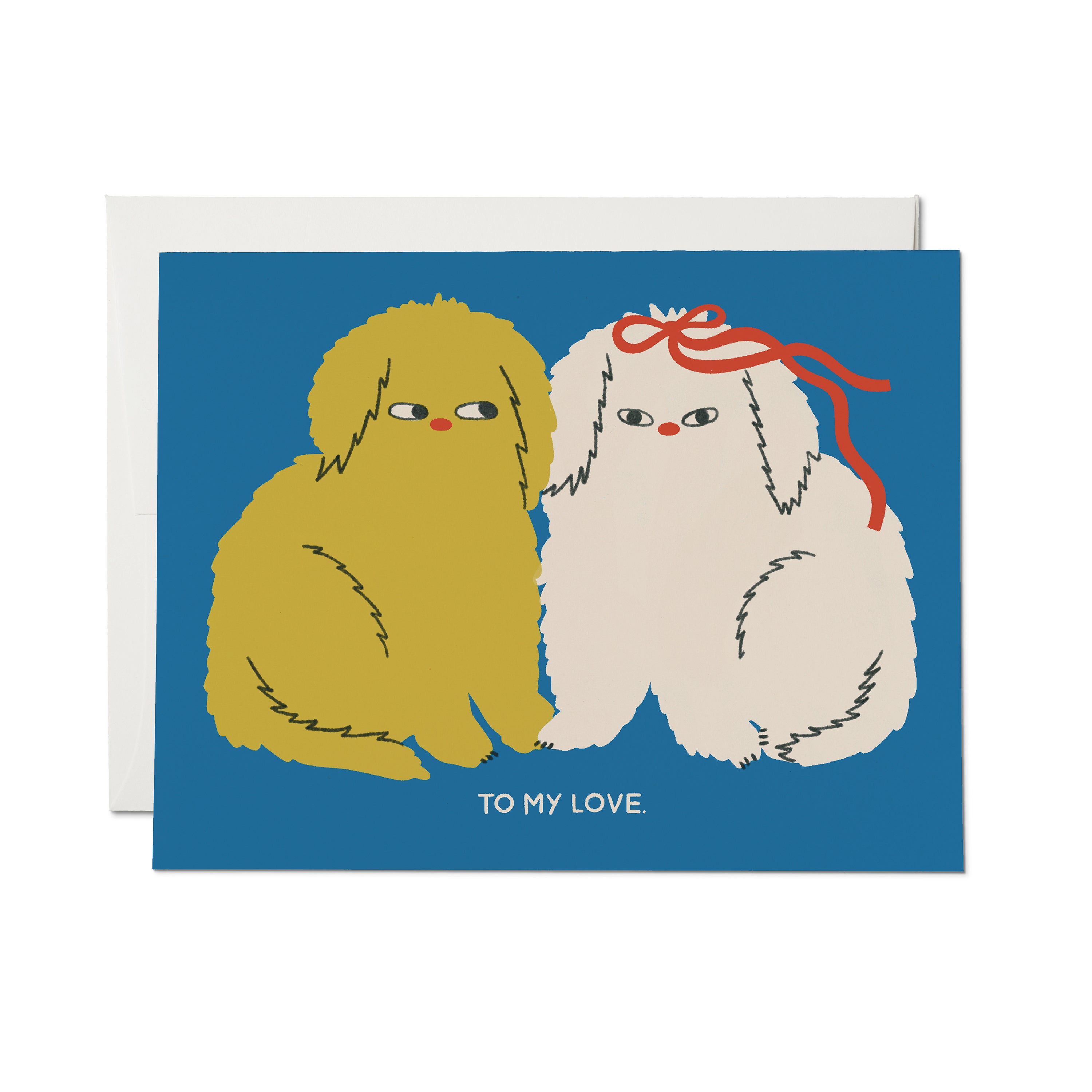 Greeting card with illustrated yellow dog and white dog wearing a red bow with "TO MY LOVE" text on blue background.