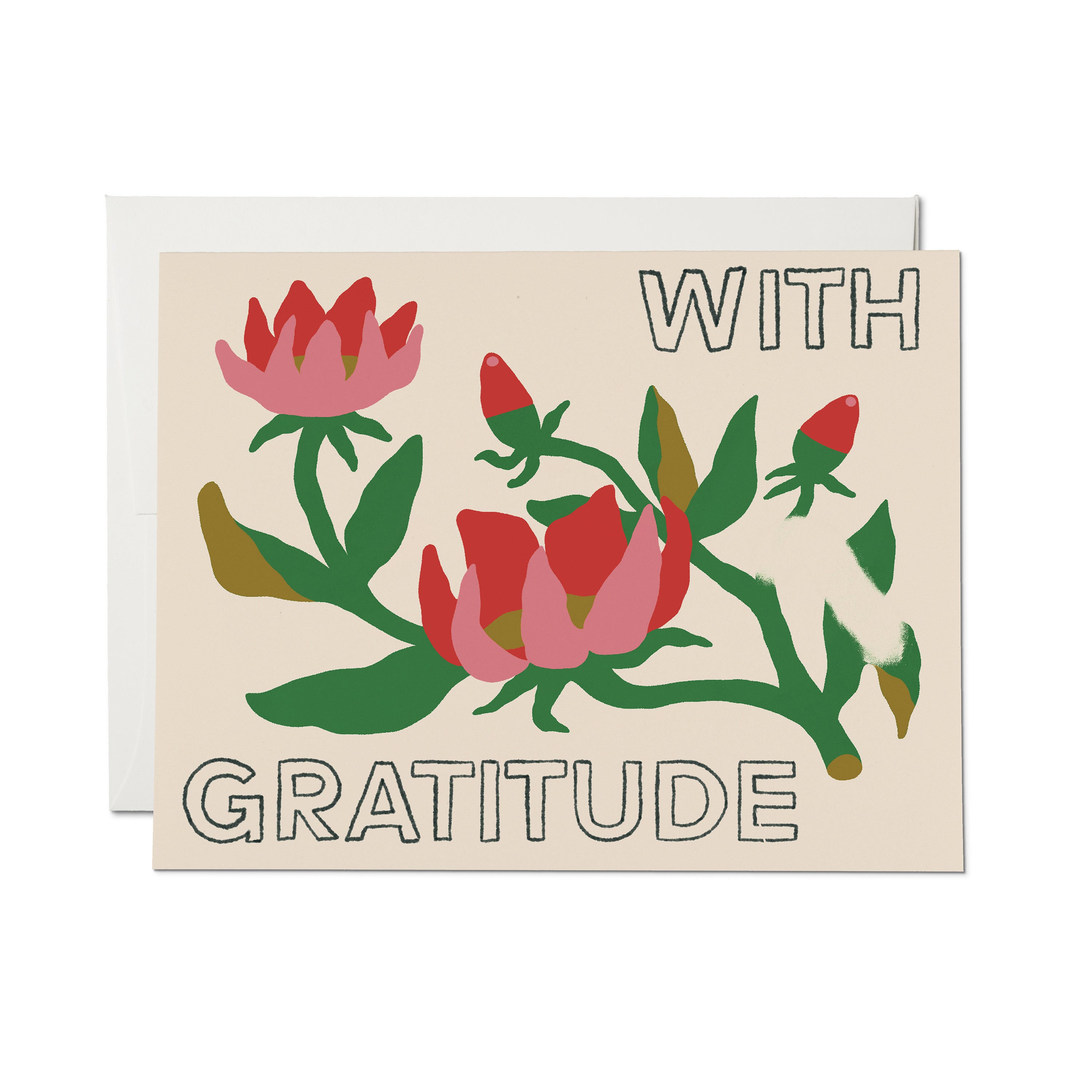 Greeting card with green, pink and red floral arrangement and "WITH GRATITUDE" text on white background.