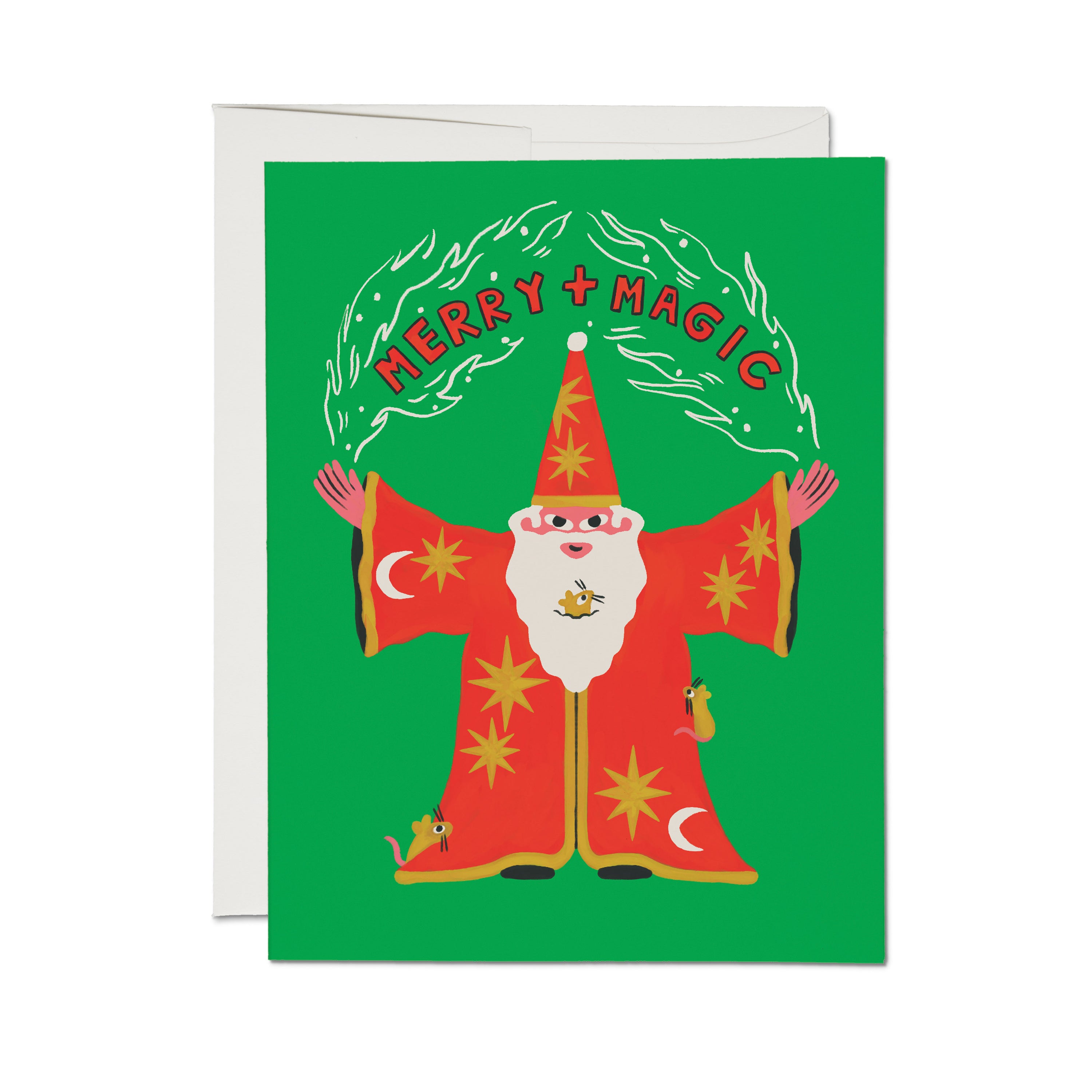 Christmas card with a Santa - Wizard hybrid casting a 'Merry + Magic' spell  on a green background.