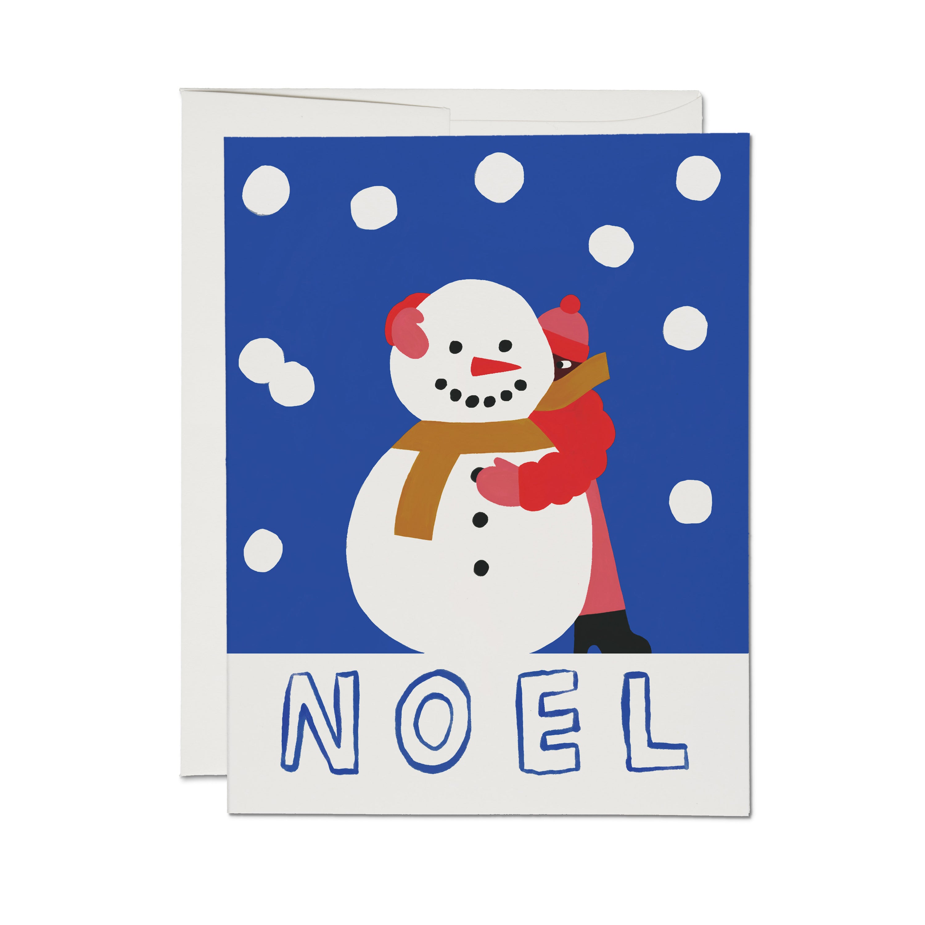 Greeting Card with person in winter coat hugging a snowman in a snowy field with 'NOEL' text on blue background.