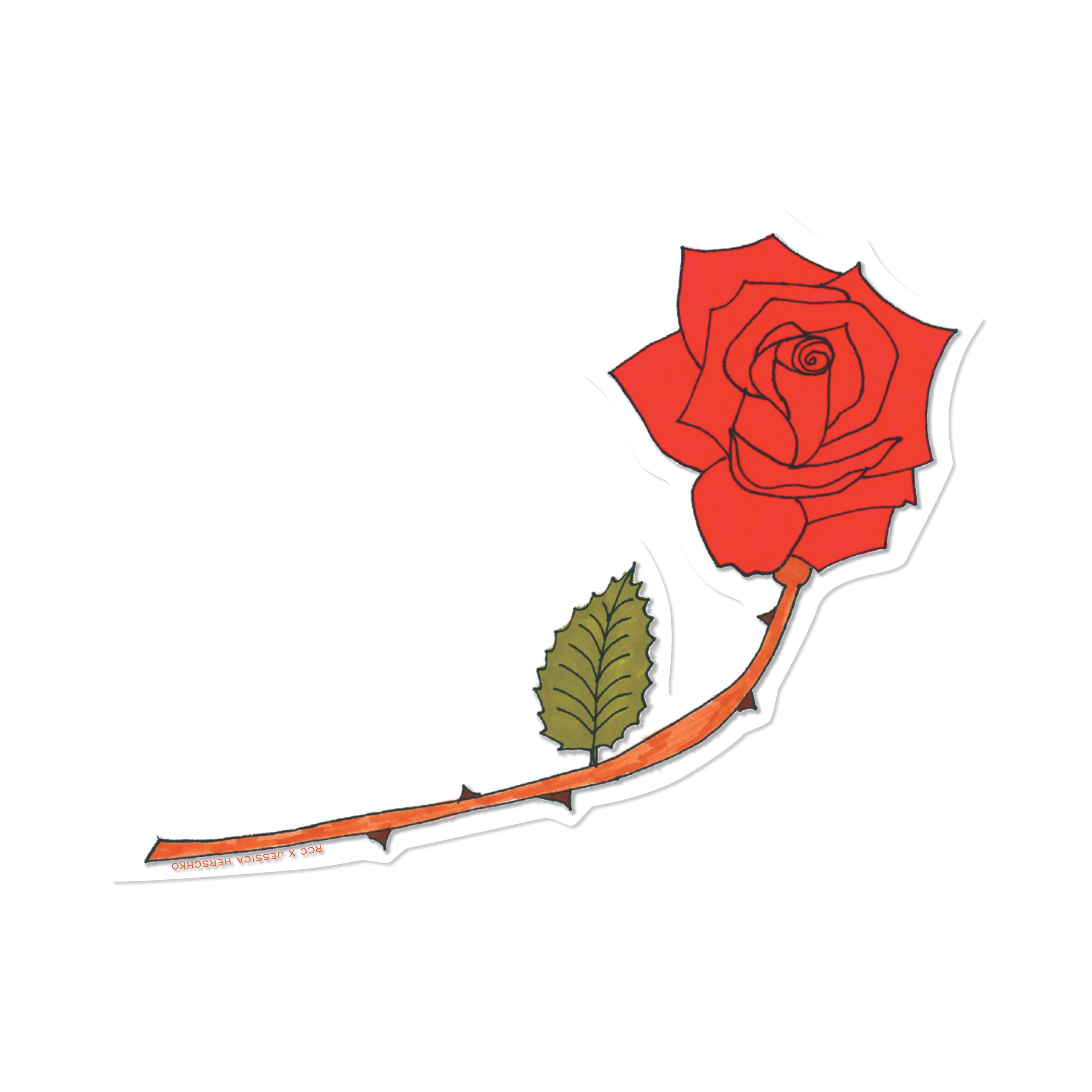 Thorny Red rose with a green leaf sticker on a white background.