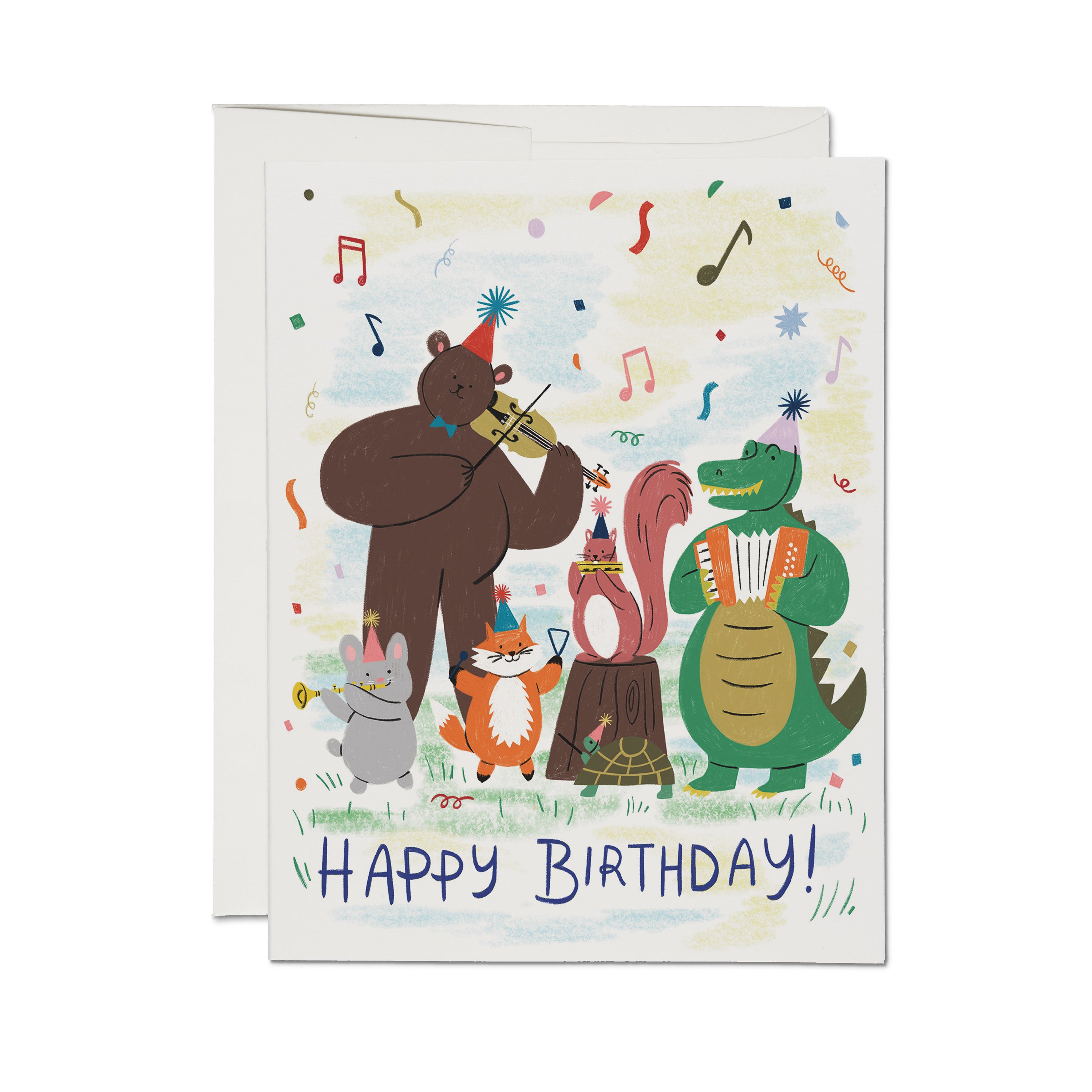 Birthday card with cartoon animals - bear, fox, squirrel, and alligator playing instruments, with 'Happy Birthday!' text.