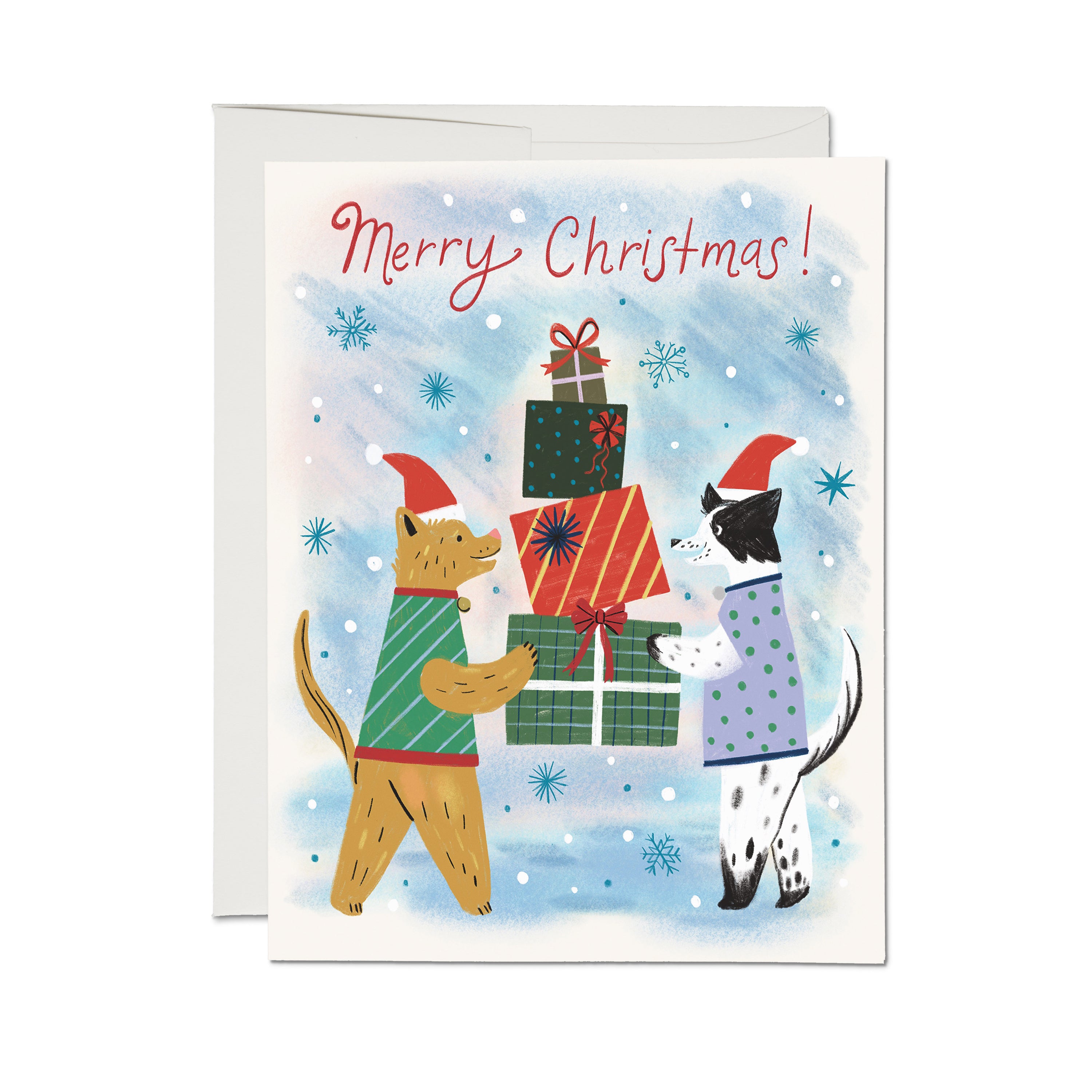Christmas card with two cartoon dogs in sweaters holding colorful presents and 'Merry Christmas!' text on a blue background.