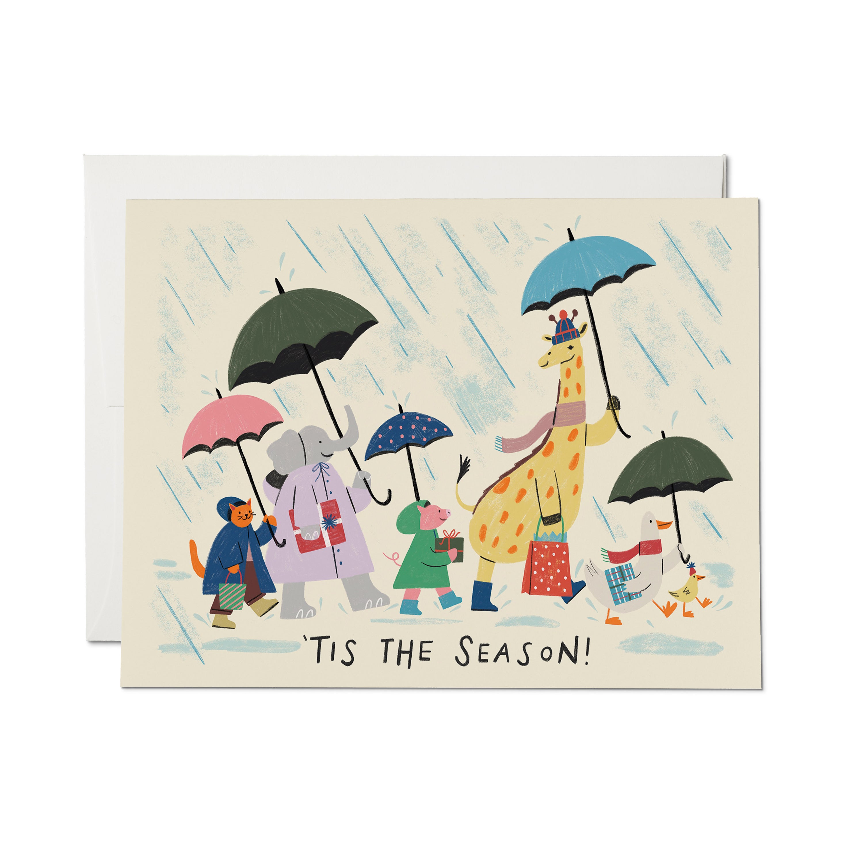 Greeting card with a whimsical illustration of animals walking in the rain under umbrellas, with the text 'TIS THE SEASON!' 