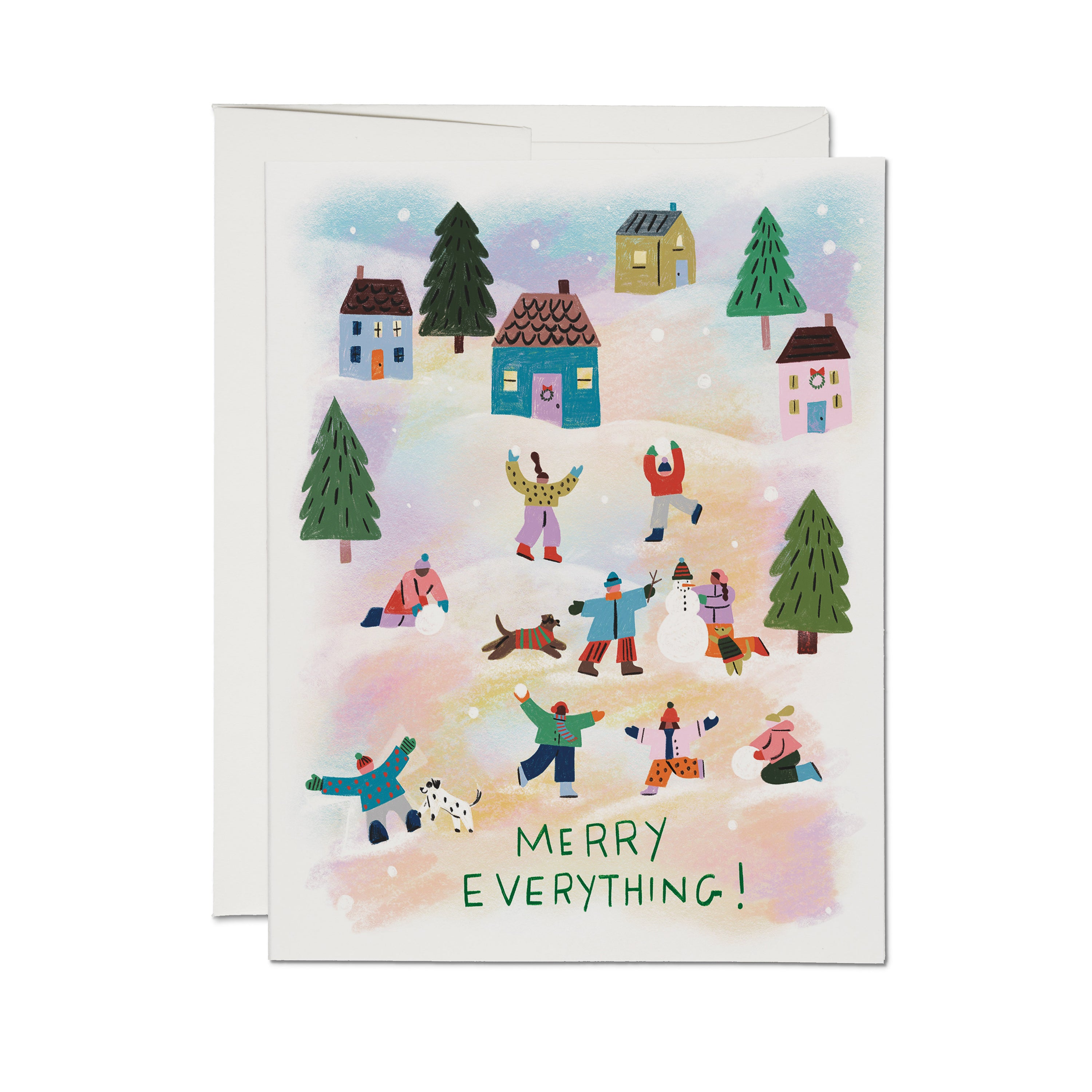 Winter greeting card with illustration of people playing in snow, small houses, evergreen trees and 'MERRY EVERYTHING!' text.