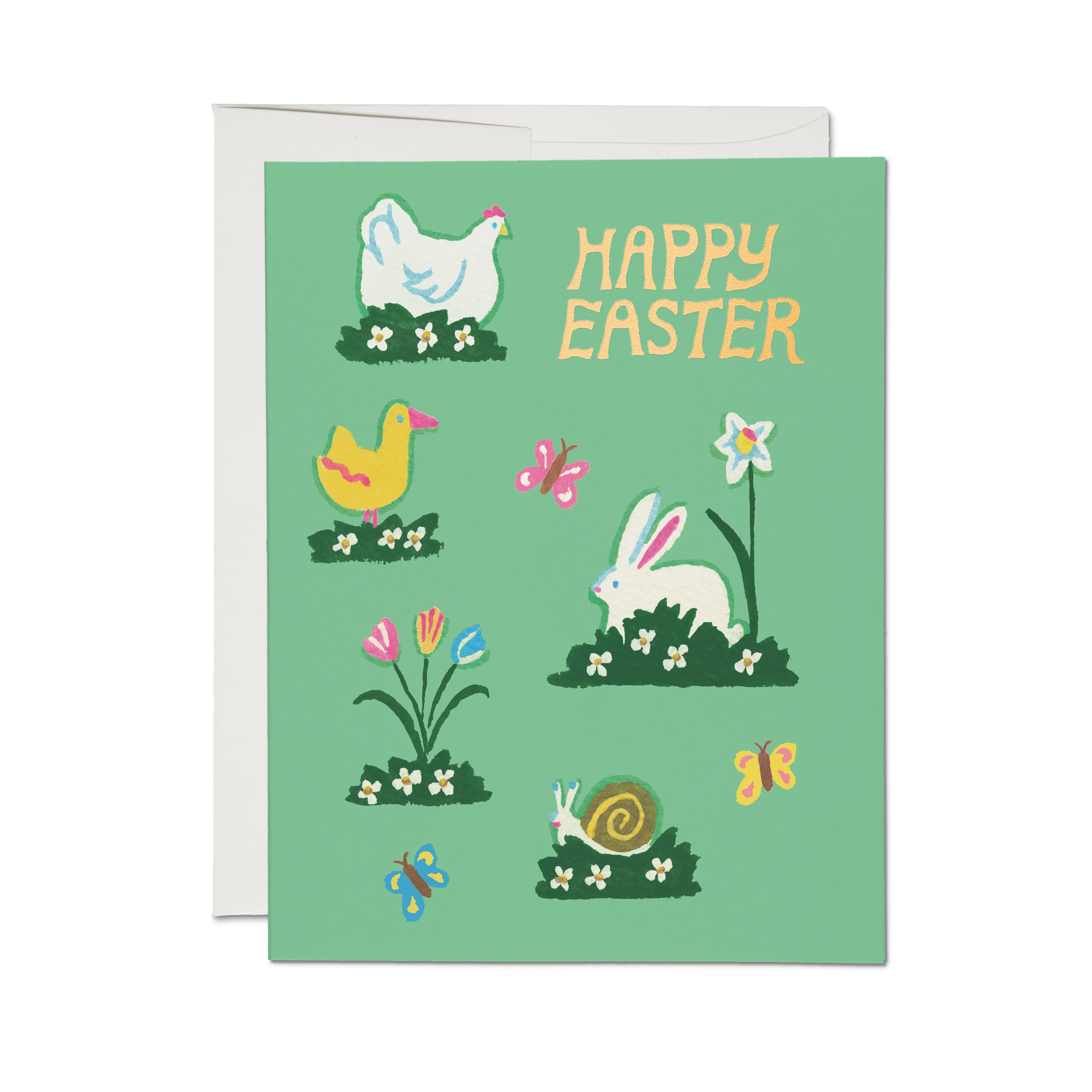 "Happy Easter" card with a chicken, duck, snail, butterfly and rabbit illustration on green background.