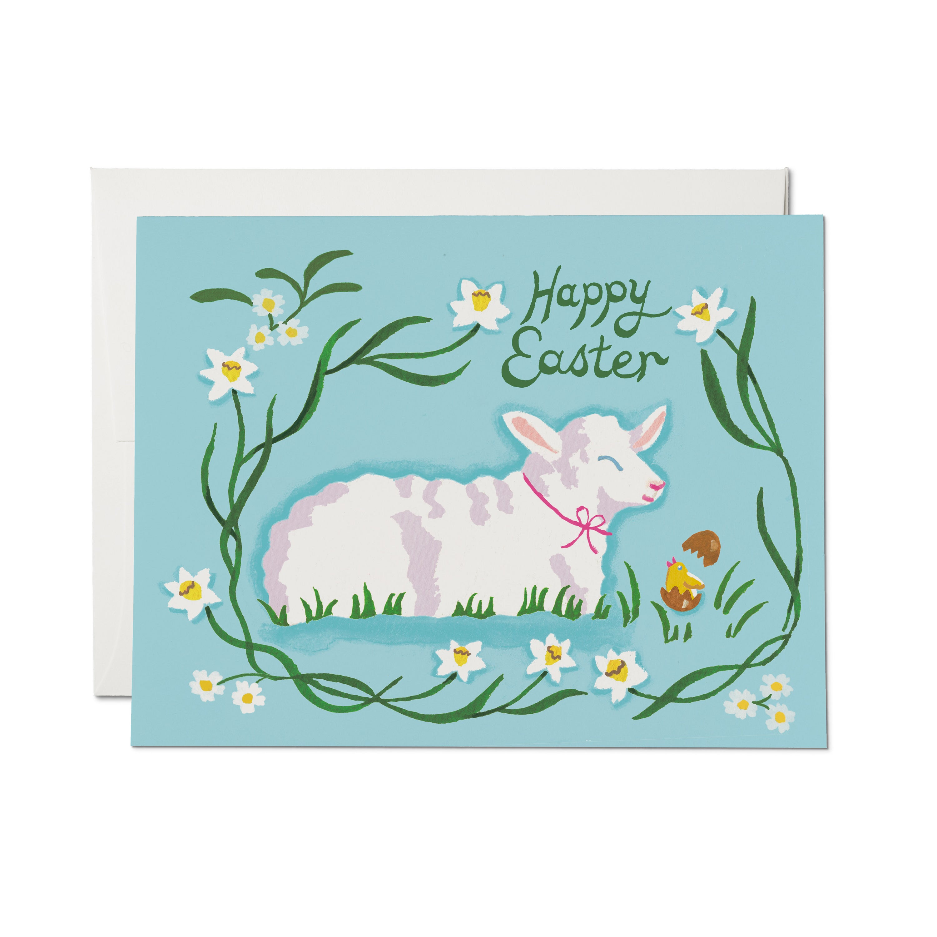 "Happy Easter" greeting card with sleeping illustrated lamb and baby chick on a light green background with floral border.