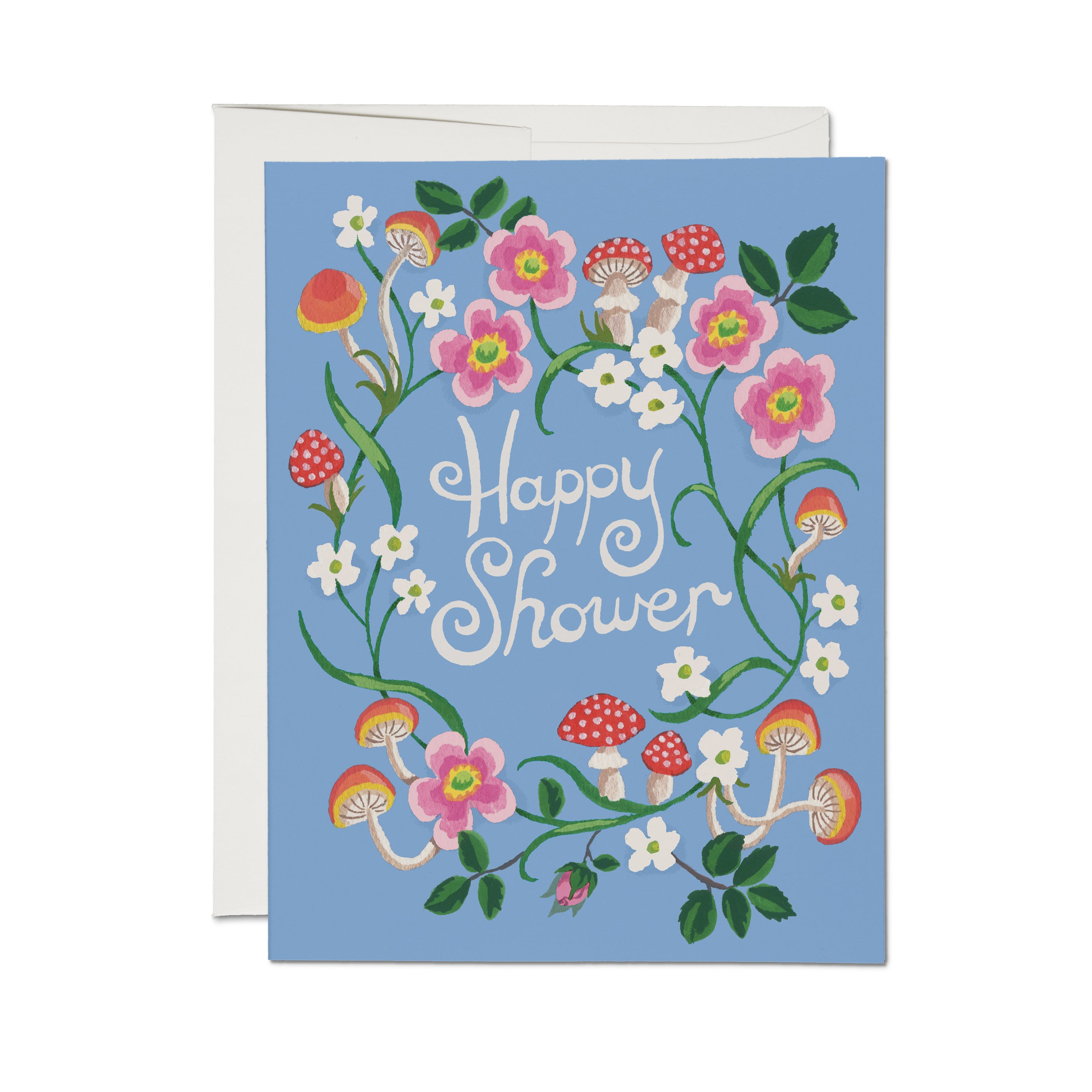 "Happy Shower" greeting card with woodland floral and mushroom pattern on light blue background.