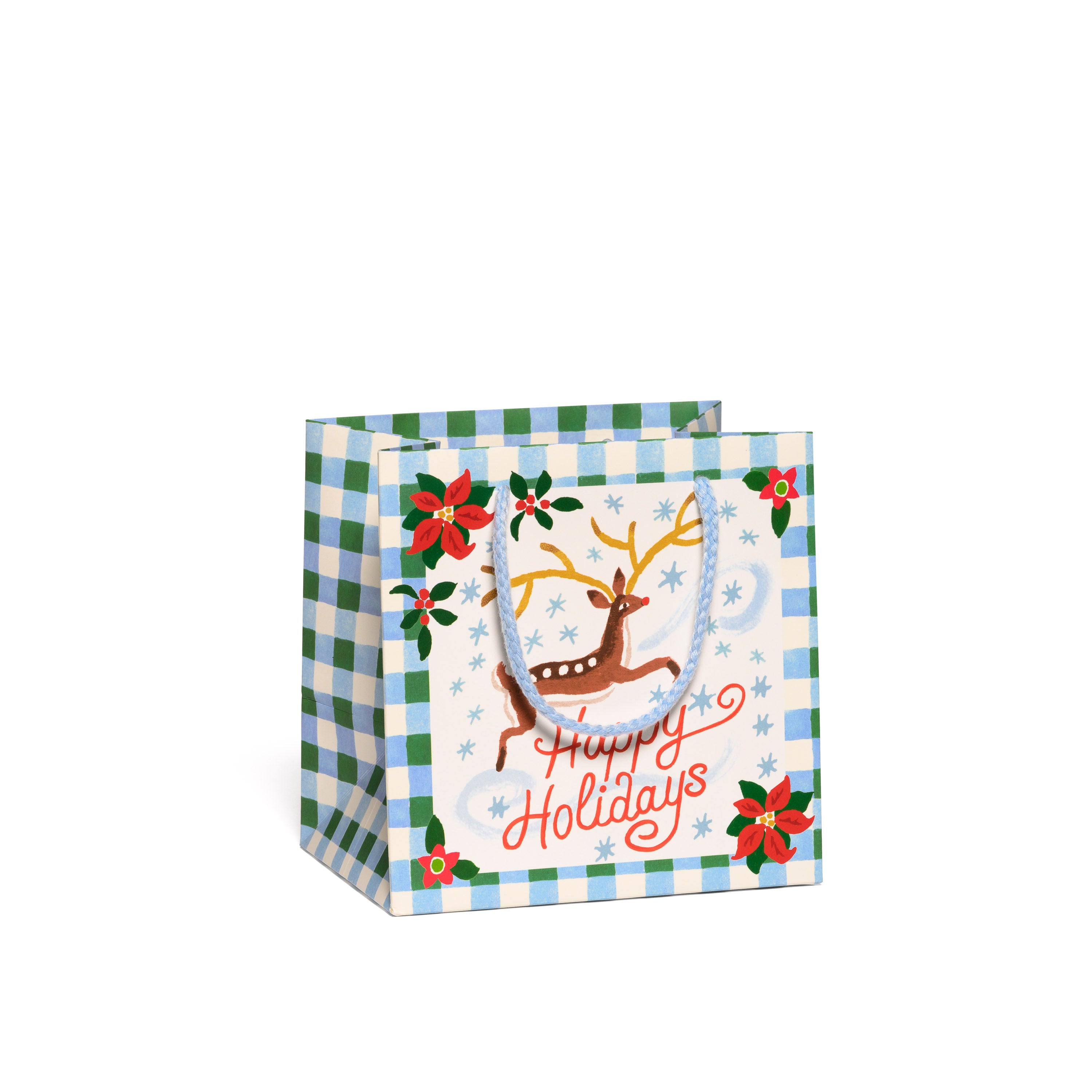 Christmas-themed gift bag with reindeer and 'Happy Holidays' text on a white background.