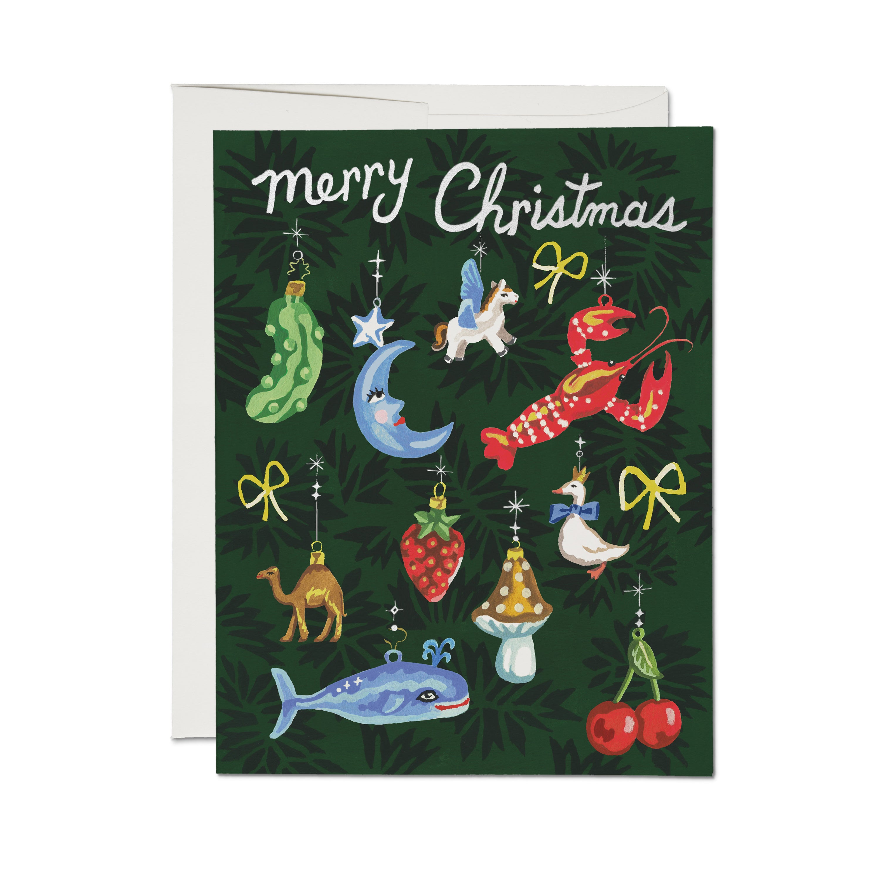'Merry Christmas' card with ornaments (pickle, lobster, goose, whale, camel, cherries, crescent moon) on a green background.