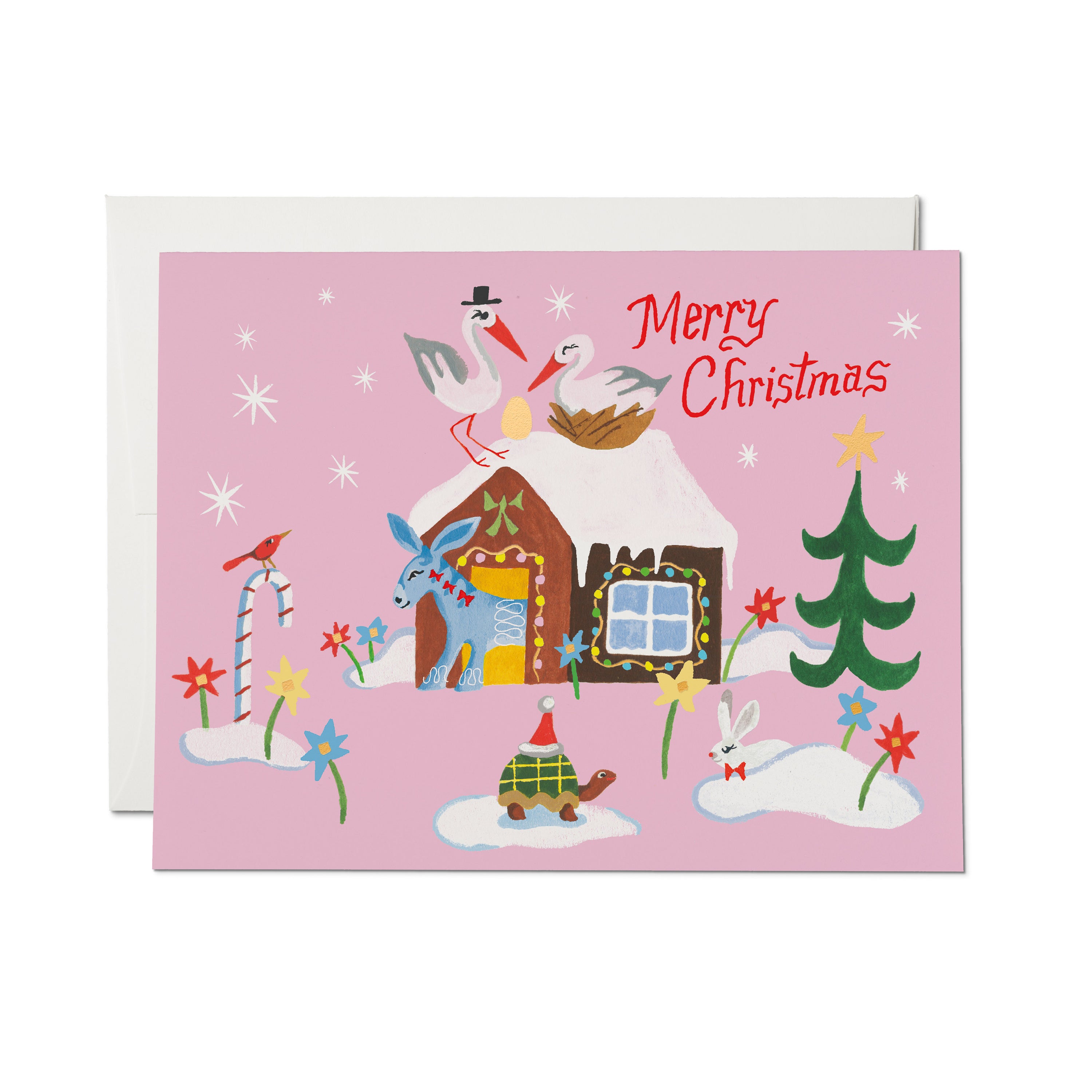 Pink Christmas greeting card with winter holiday illustrations of storks, a house, tree, flowers, and 'Merry Christmas' text.