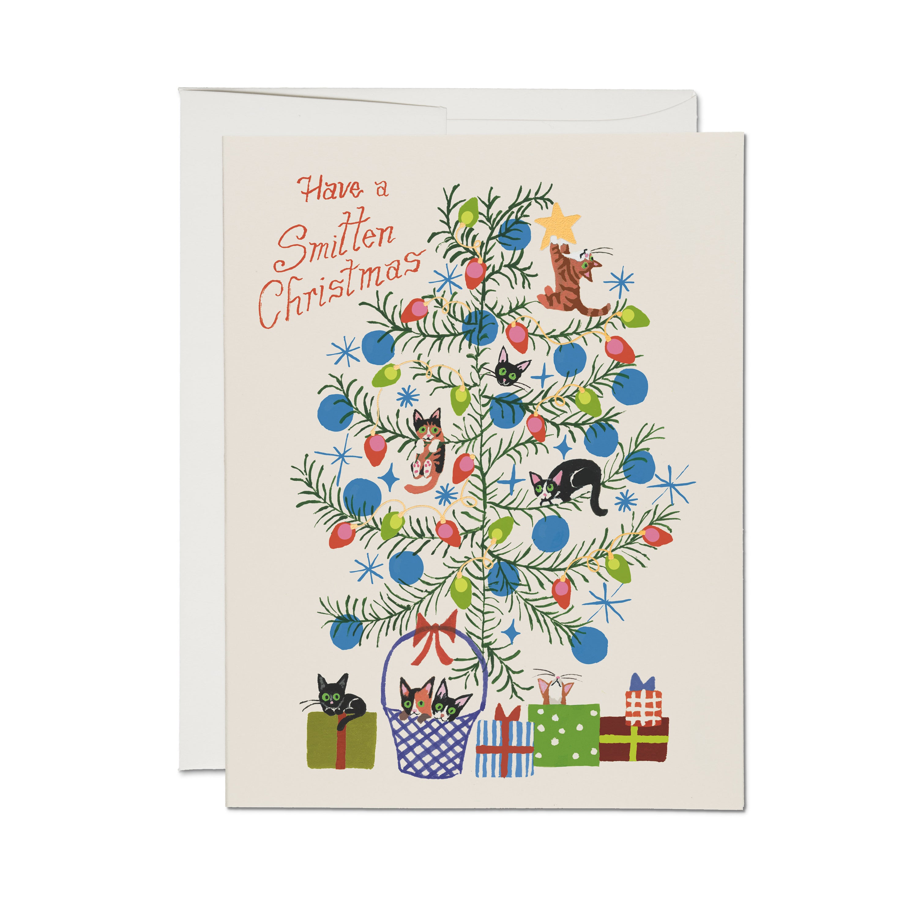 Christmas card with a tree decorated with colorful lights, cats, presents and "Have a Smitten Christmas" text.