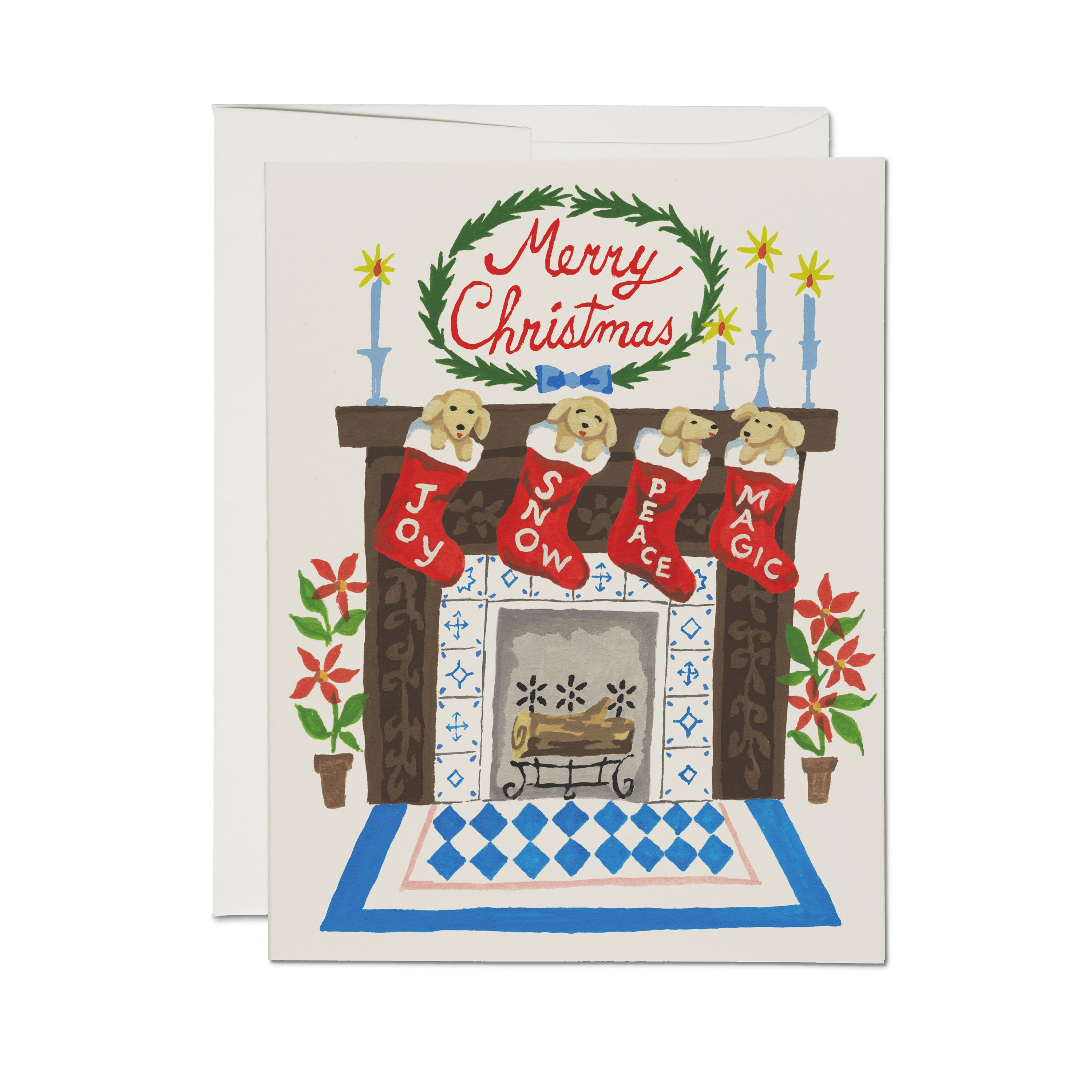 Christmas card with illustrated stockings filled with puppies hung on fireplace mantle with text 'Joy, Snow, Peace, Magic.'