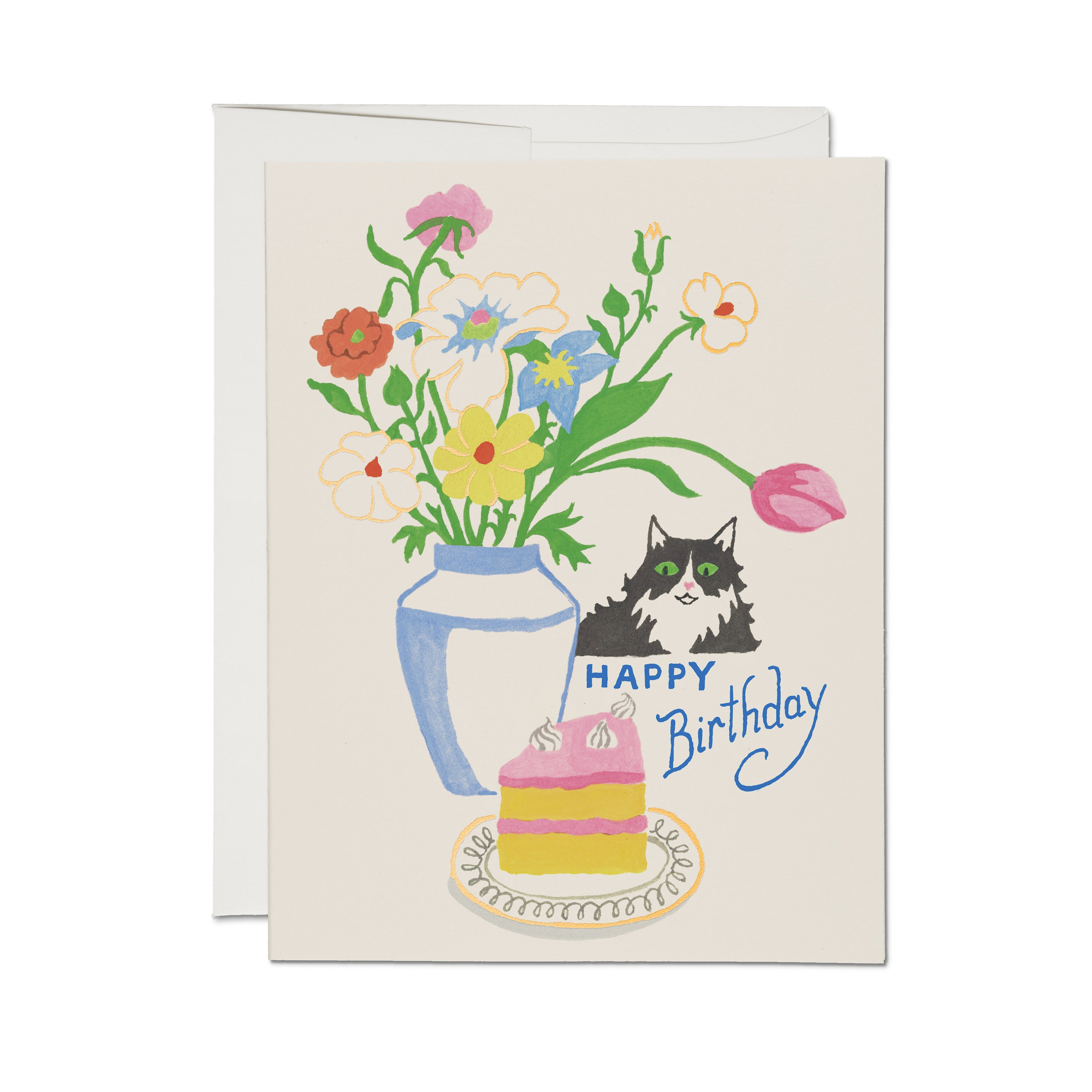 Birthday card with colorful illustrated vase of flowers, slice of cake and green eye kitty on cream backgroud.