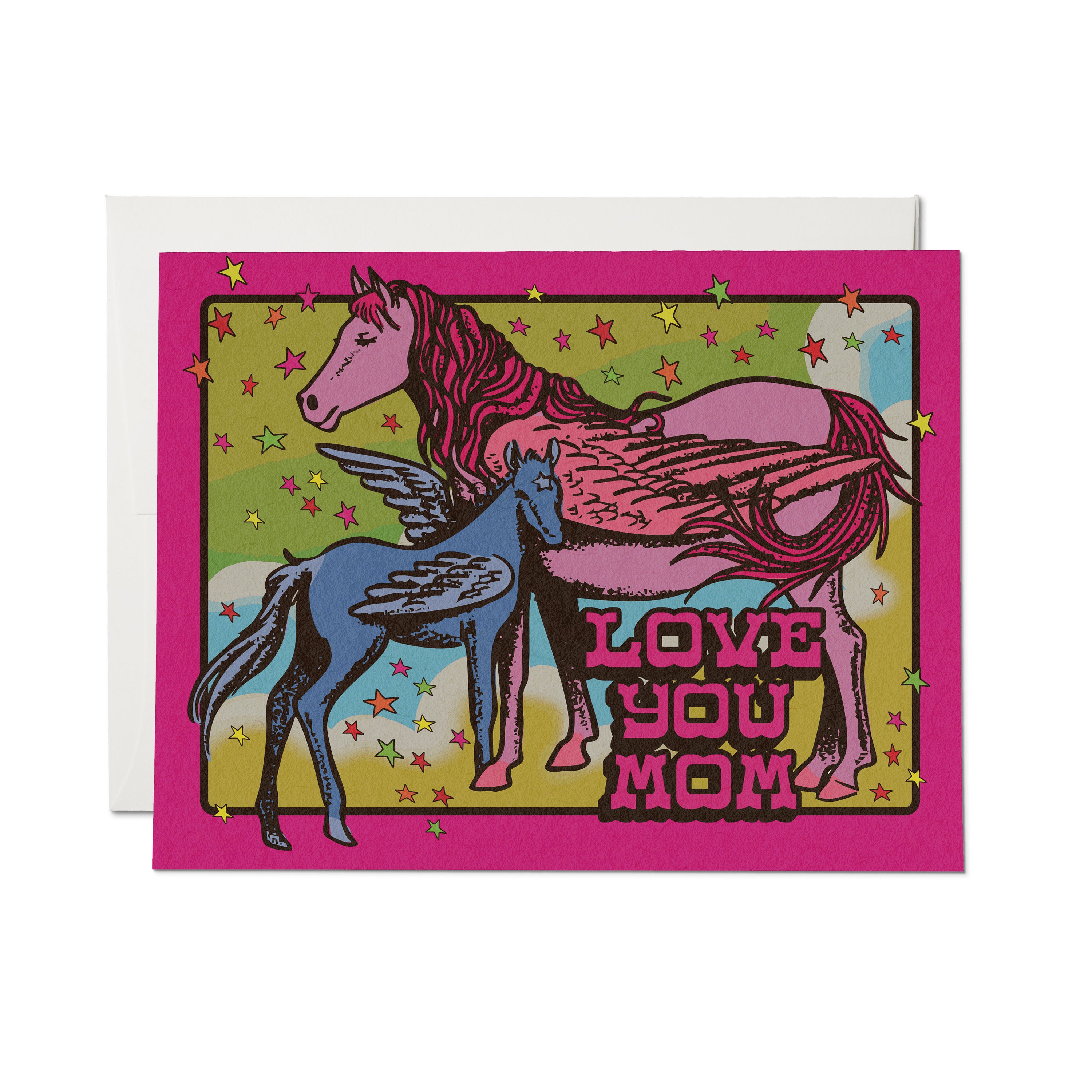 "Love You Mom" card with a pink Mom and blue child pegasus on a green background with colorful stars and a pink border.